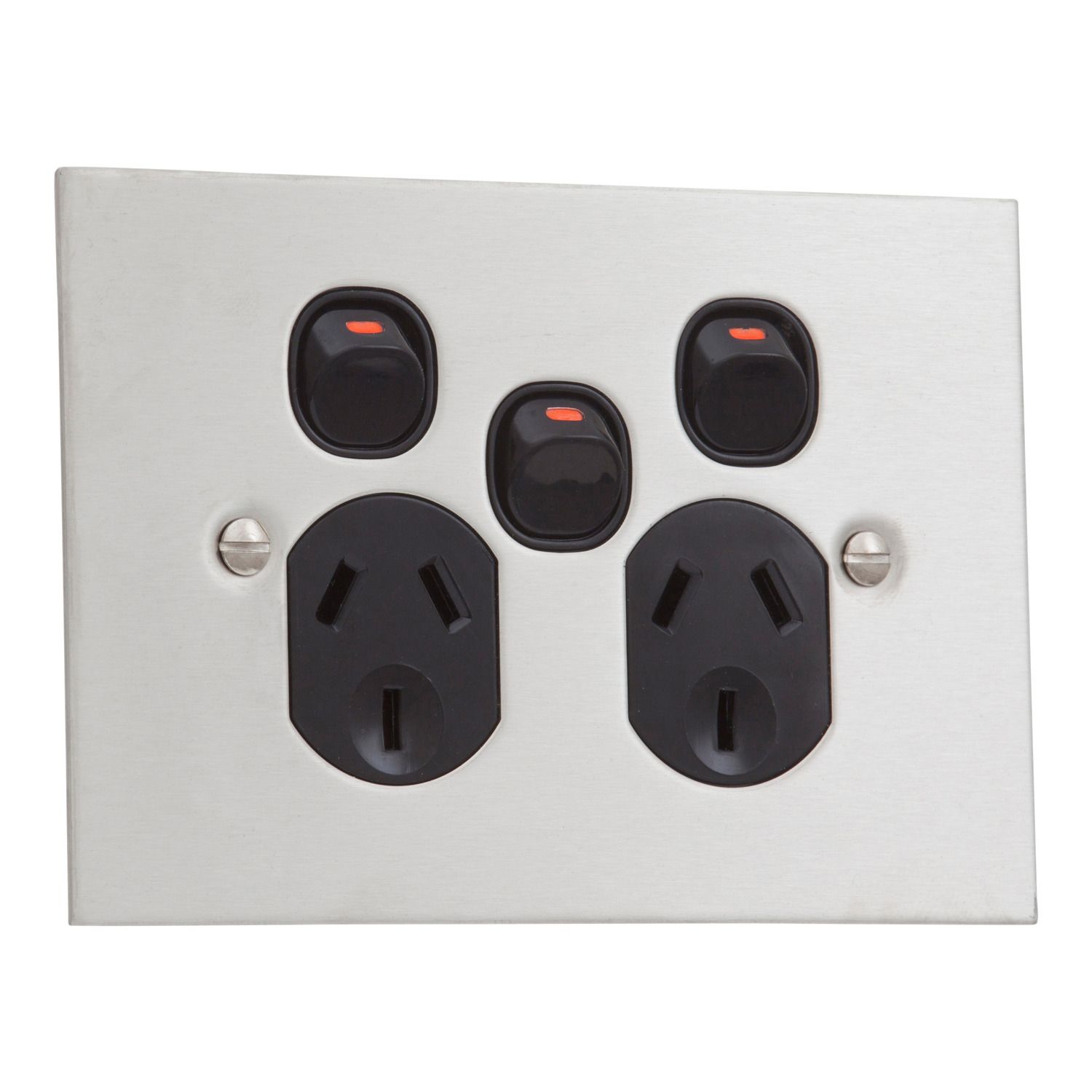 Picture of Twin Switch Socket Outlet, Metal Plate Series, 250V, 10A, BSL Style, Removable Extra Switch