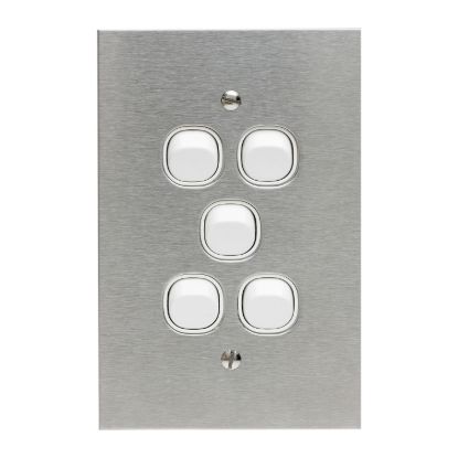 Picture of Flush Switch, Metal Plate Series, 5 Gang, 250VAC, 10A, Range, BSL Style, Standard, Vert