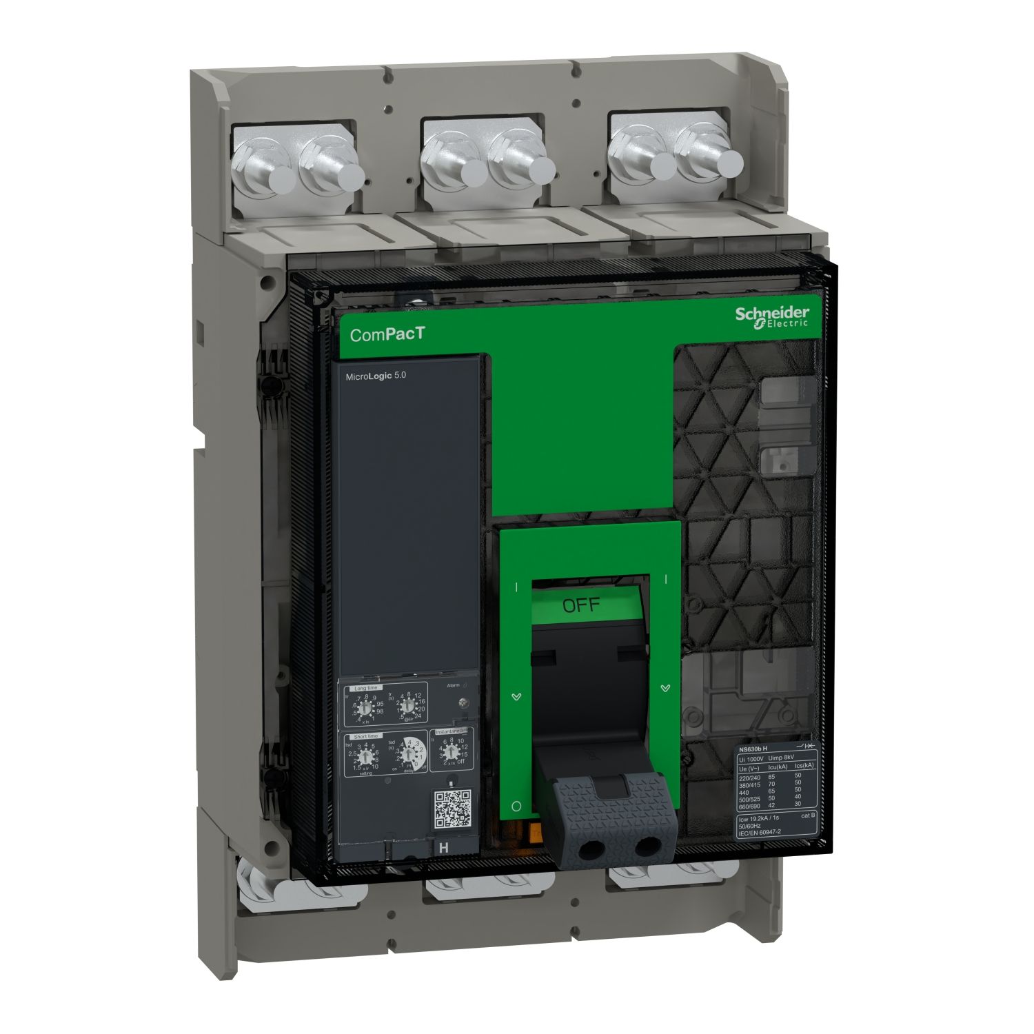 Picture of Circuit breaker, ComPacT NS630bH, 70kA at 415VAC, 3P, fixed, manually operated, MicroLogic 5.0 control unit, 630A