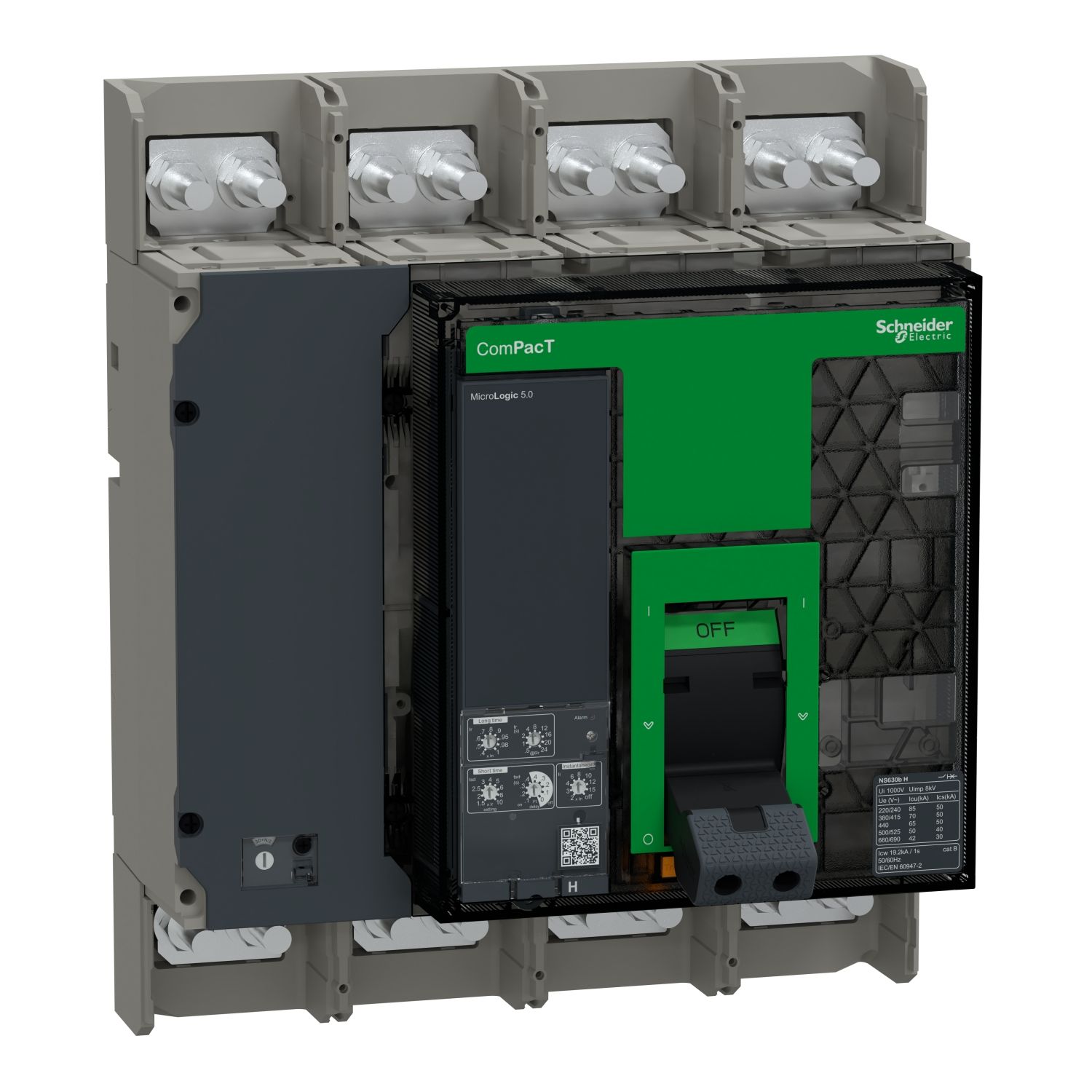 Picture of Circuit breaker, ComPacT NS630bH, 70kA at 415VAC, 4P, fixed, manually operated, MicroLogic 5.0 control unit, 630A