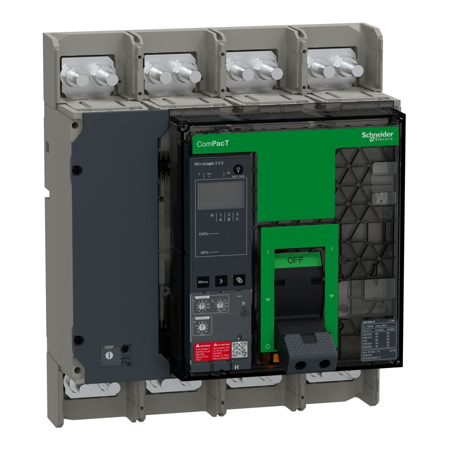 Picture of Circuit breaker, ComPacT NS1000H, 70kA at 415VAC, 4P, fixed, manually operated, MicroLogic 2.0E control unit, 1000A