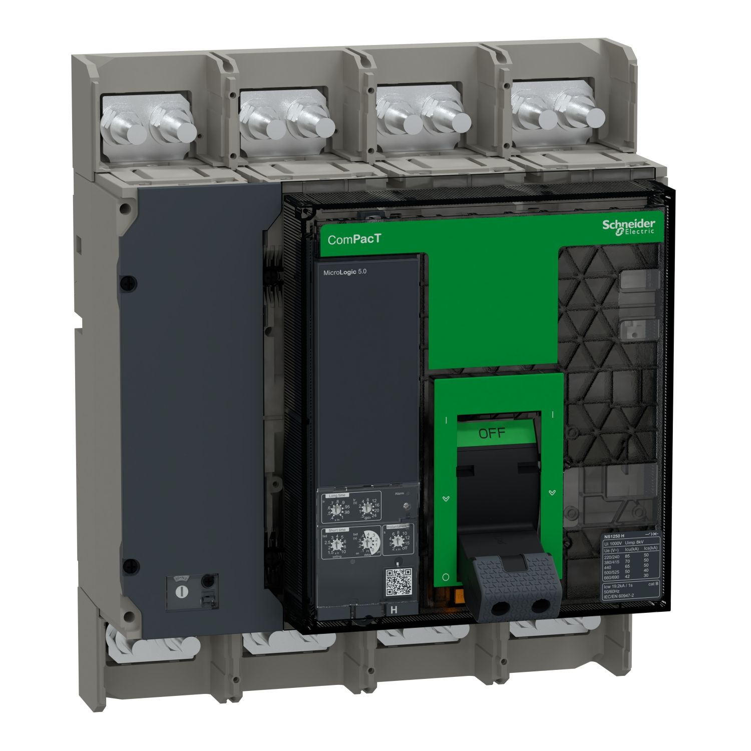 Picture of Circuit breaker, ComPacT NS1250H, 70kA at 415VAC, 4P, fixed, manually operated, MicroLogic 5.0 control unit, 1250A