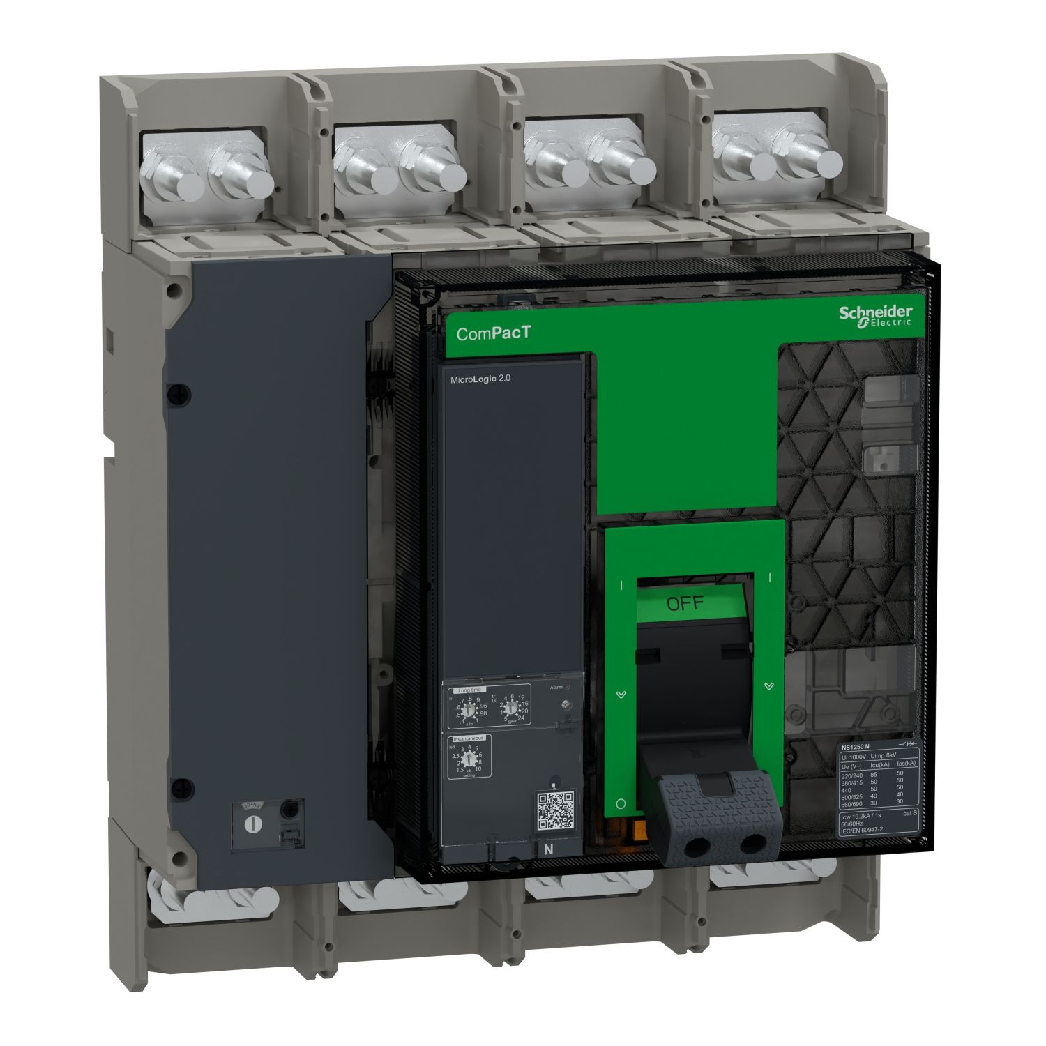 Picture of Circuit breaker, ComPacT NS1250N, 50kA at 415VAC, 4P, fixed, manually operated, MicroLogic 2.0 control unit, 1250A