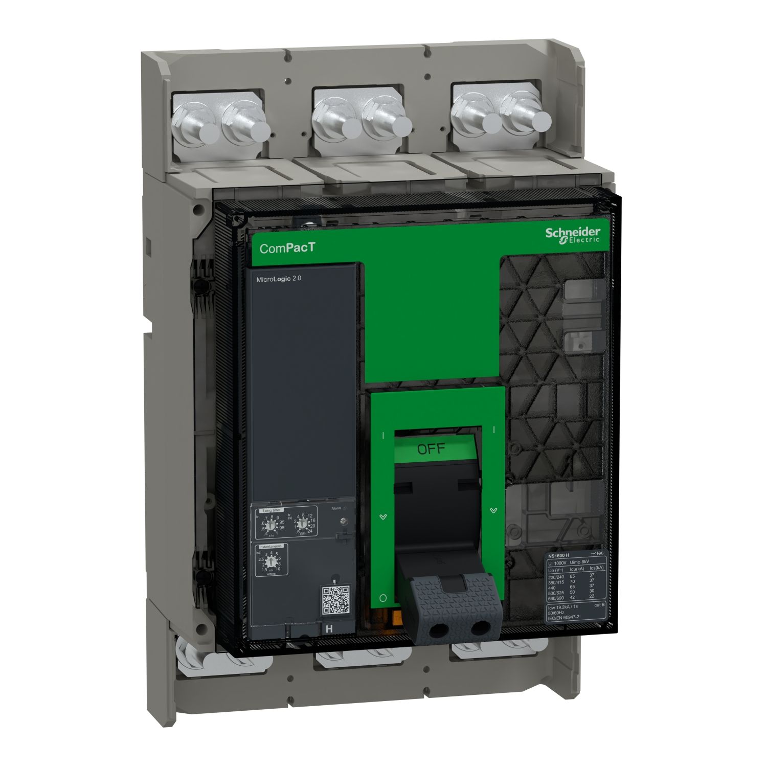 Picture of Circuit breaker, ComPacT NS1600H, 70kA at 415VAC, 3P, fixed, manually operated, MicroLogic 2.0 control unit, 1600A