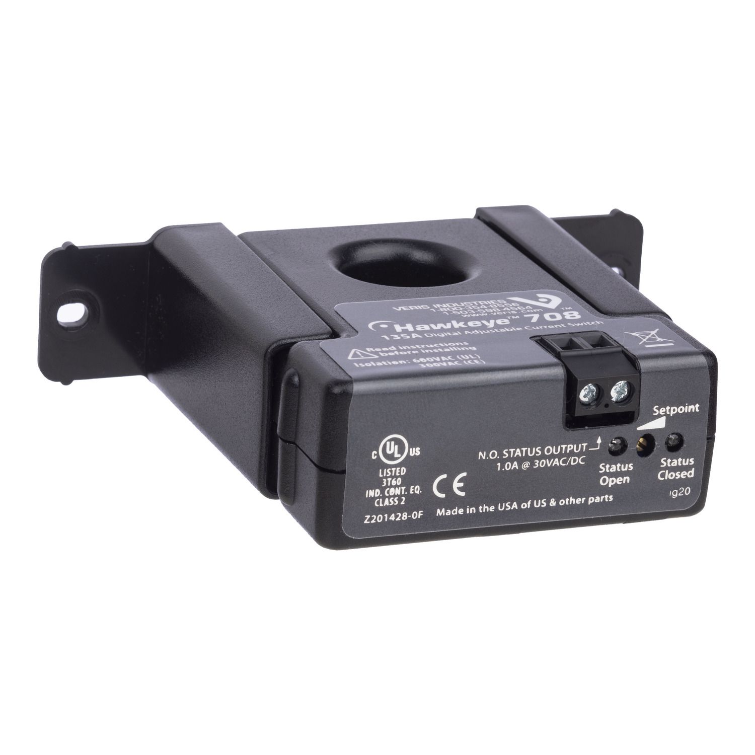Picture of Current Switch: Adjustable Trip Point, 1-135 Amp Range, Normally Open 0.2A@120VAC/DC, 1.0A or less Minimum Trip Point, Solid-Core Housing, Status LED