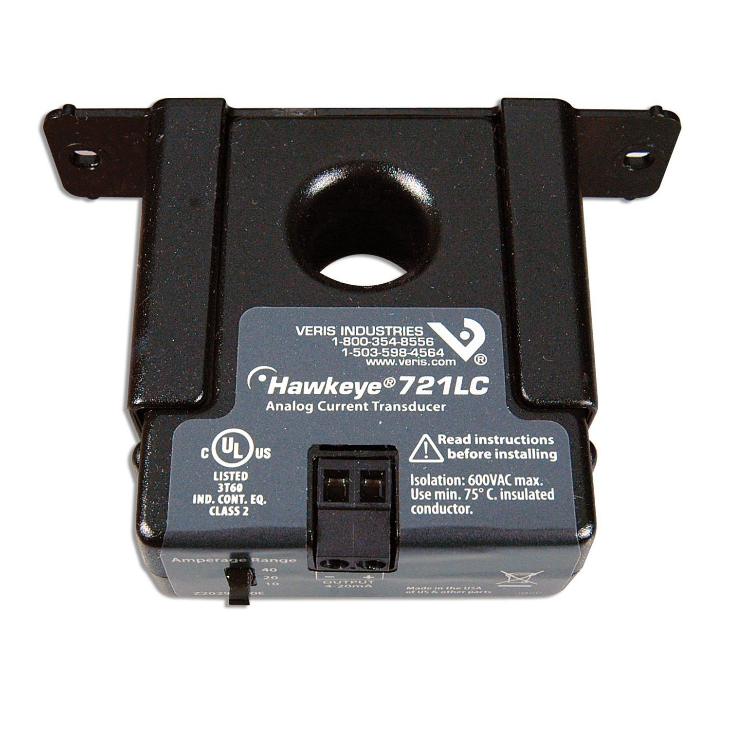 Picture of Current Sensor: 4-20mA Analog Output, 0-10/20/40 Amperage Range, Solid-Core Housing, UL Listed, CE