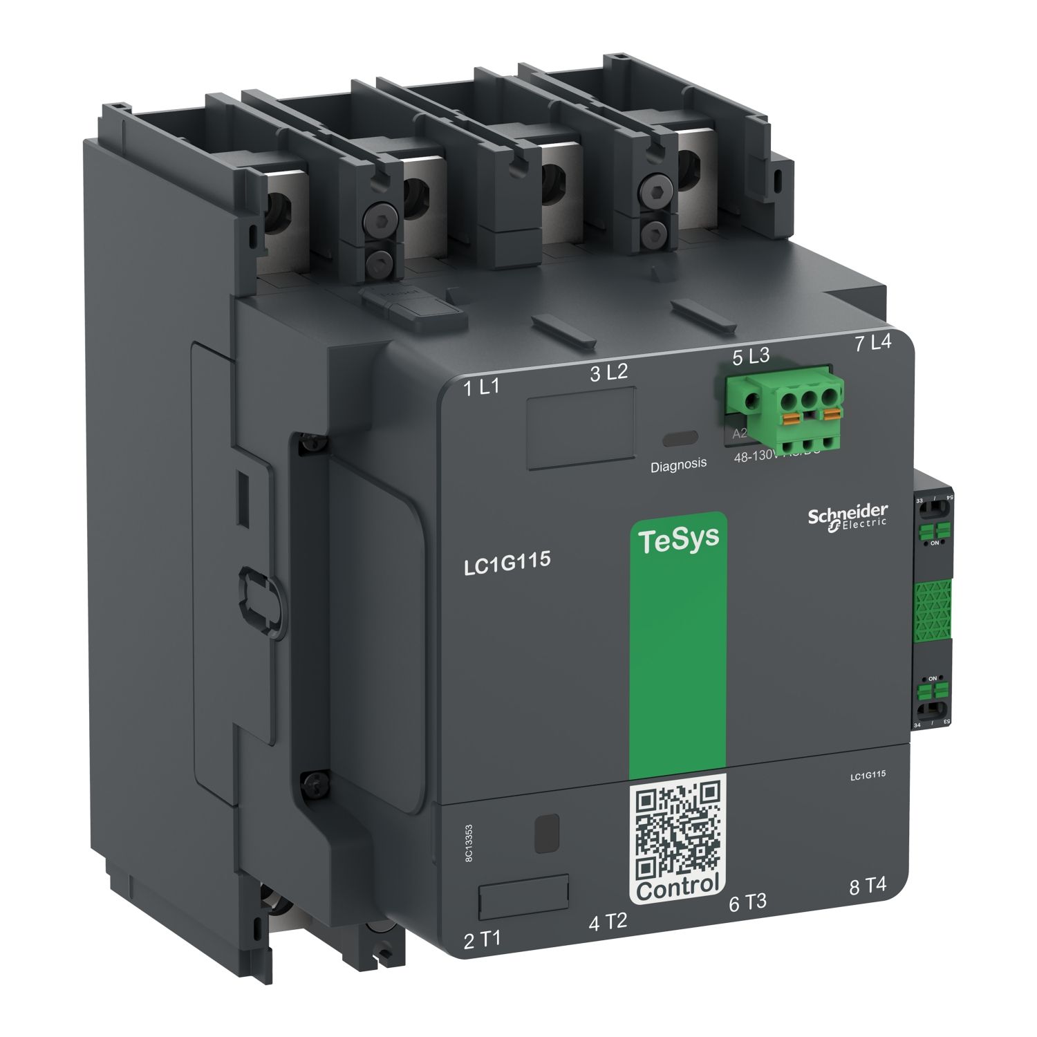 Picture of High power contactor, TeSys Giga, 4 pole (4NO), AC-1 <=440V 250A, standard version, 48…130V wide band AC/DC coil
