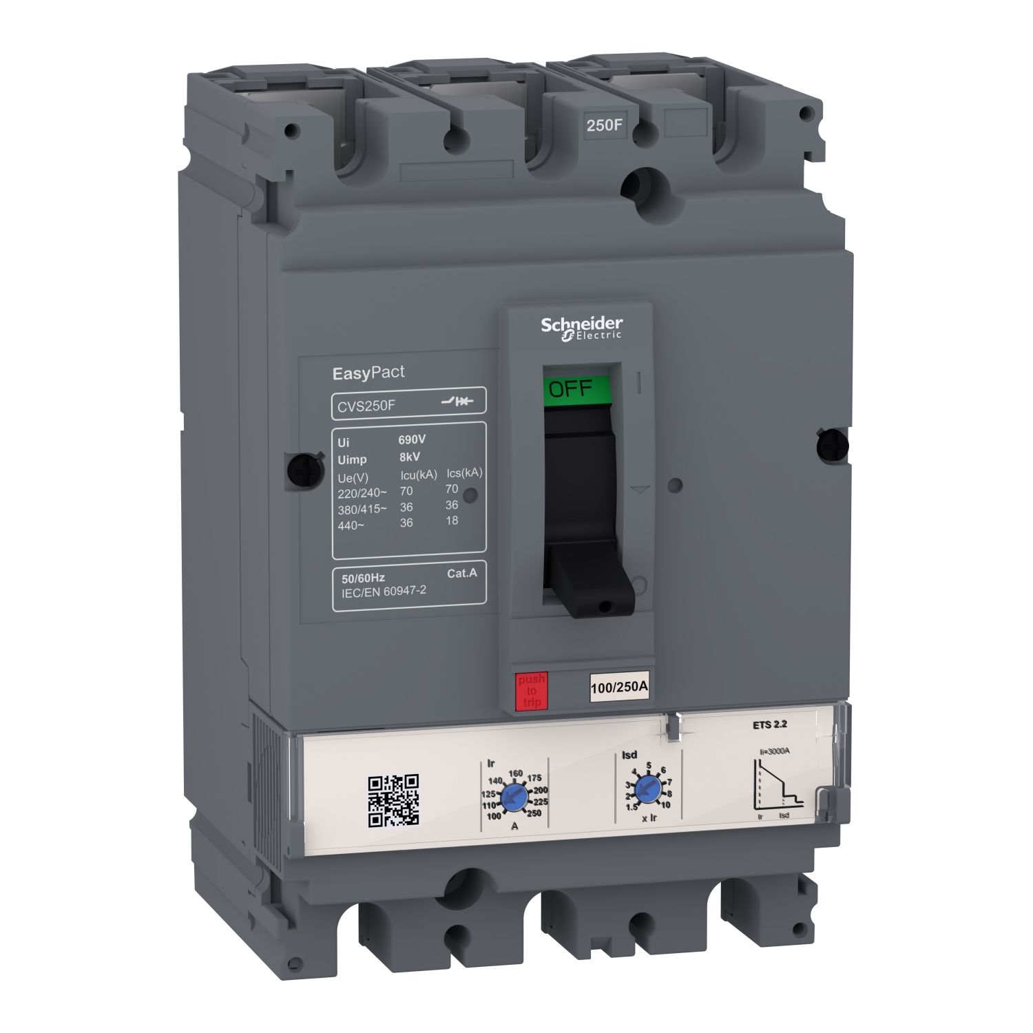 Picture of circuit breaker, EasyPact CVS100F, 36kA at 415VAC, ETS 2.2, 100A, 3P 3d