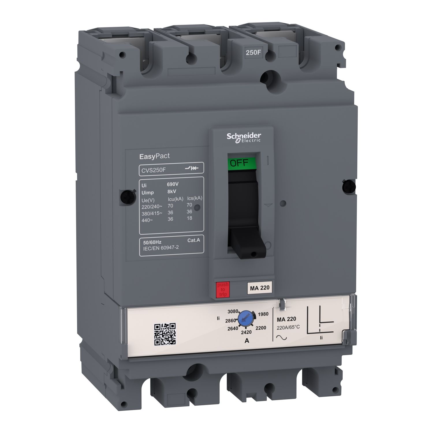 Picture of circuit breaker, EasyPact CVS160F, 36kA at 415VAC, 150A, MA trip unit, 3P3d