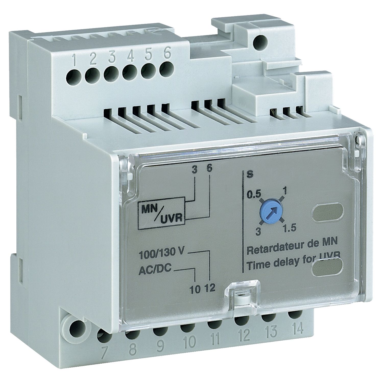 Picture of MN delay unit, MasterPact MTZ, adjustable time delay 0.5s to 3s, 100/130VDC, 100/130VAC 50/60Hz, spare part