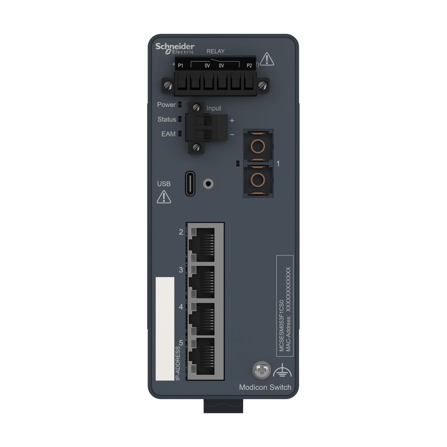Picture of network switch, Modicon Networking, managed, 4 ports for copper with 1 port for fiber optic, singlemode