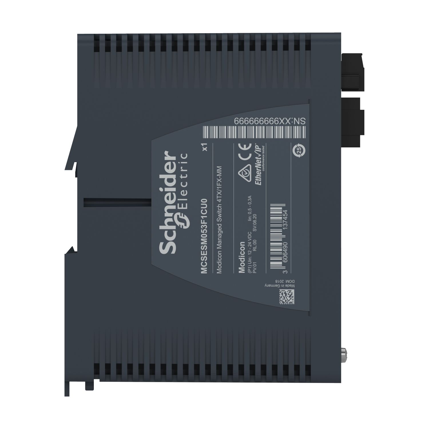 Picture of network switch, Modicon Networking, managed, 4 ports for copper with 1 port for fiber optic, multimode