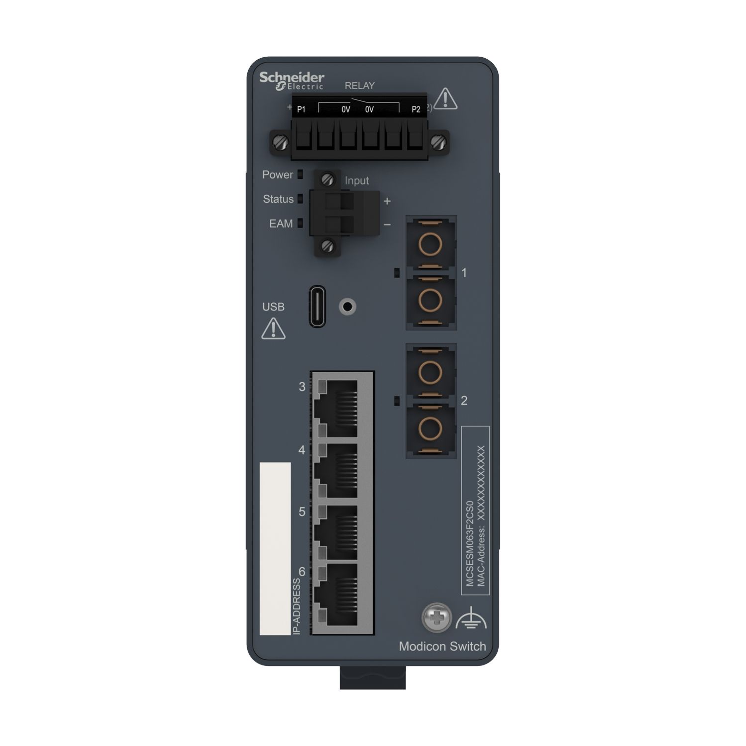 Picture of network switch, Modicon Networking, managed, 4 ports for copper with 2 port for fiber optic, singlemode