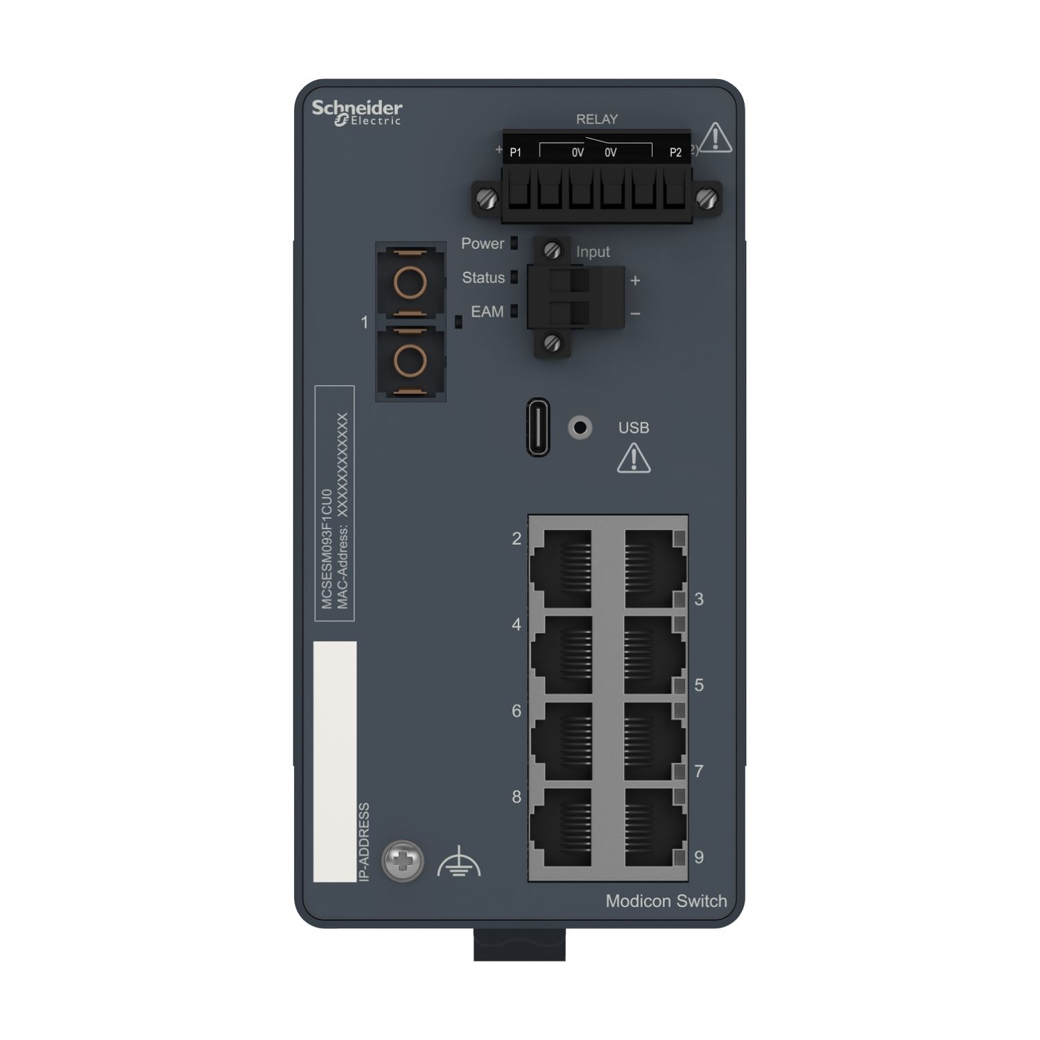 Picture of network switch, Modicon Networking, managed, 8 ports for copper with 1 port for fiber optic, multimode