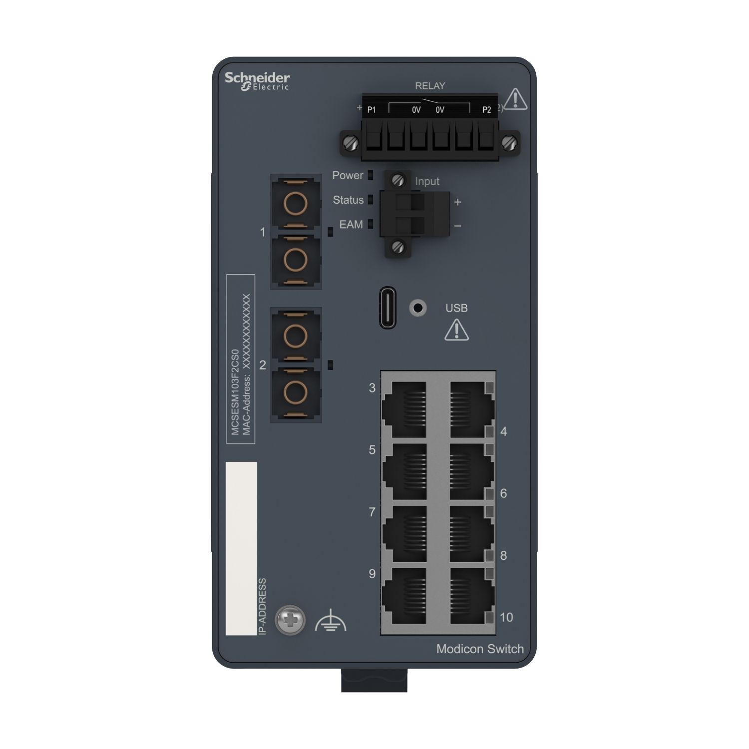 Picture of network switch, Modicon Networking, managed, 8 ports for copper with 2 ports for fiber optic, singlemode