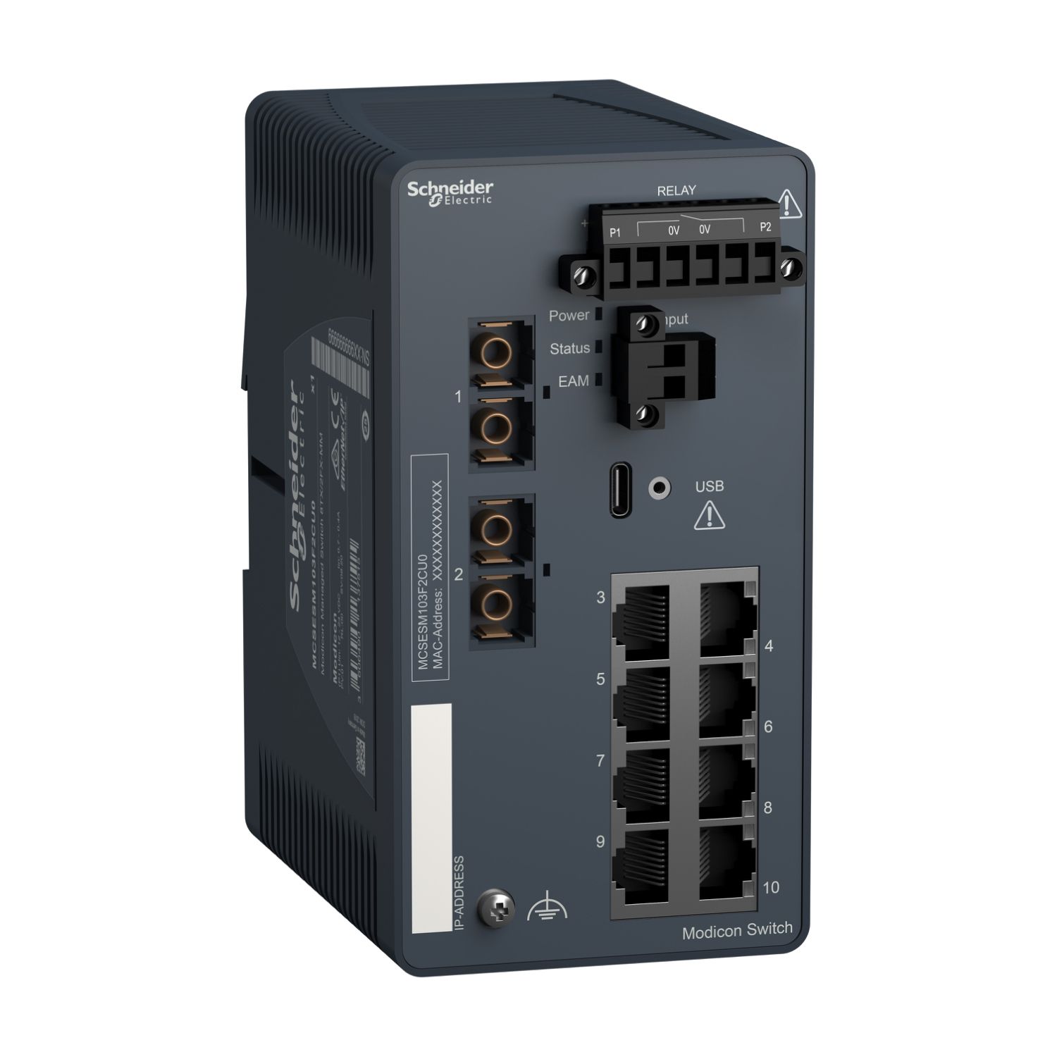 Picture of network switch, Modicon Networking, managed, 8 ports for copper with 2 ports for fiber optic, multimode