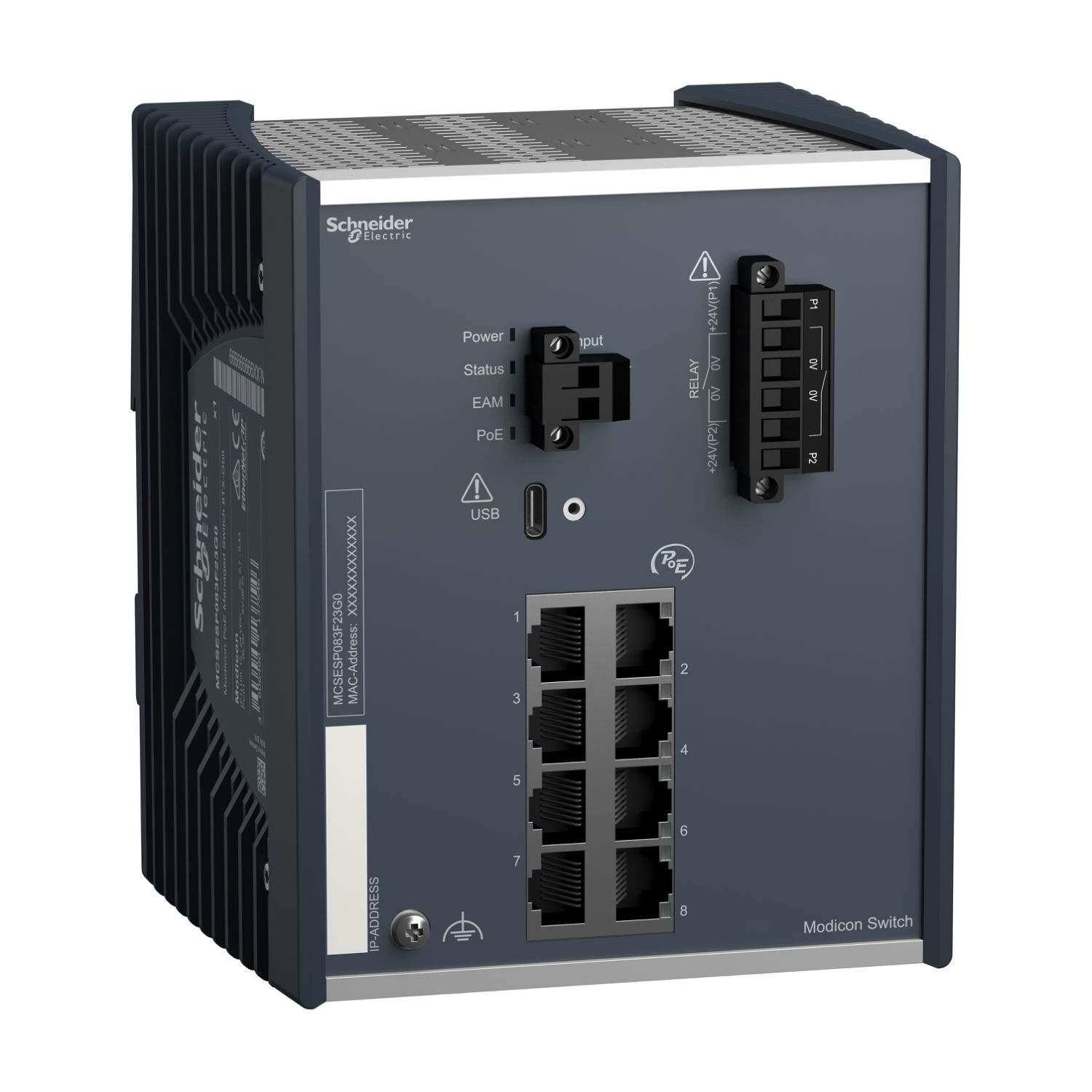 Picture of network switch, Modicon Networking, PoE power over Ethernet, managed, 8Gigabit ports for copper