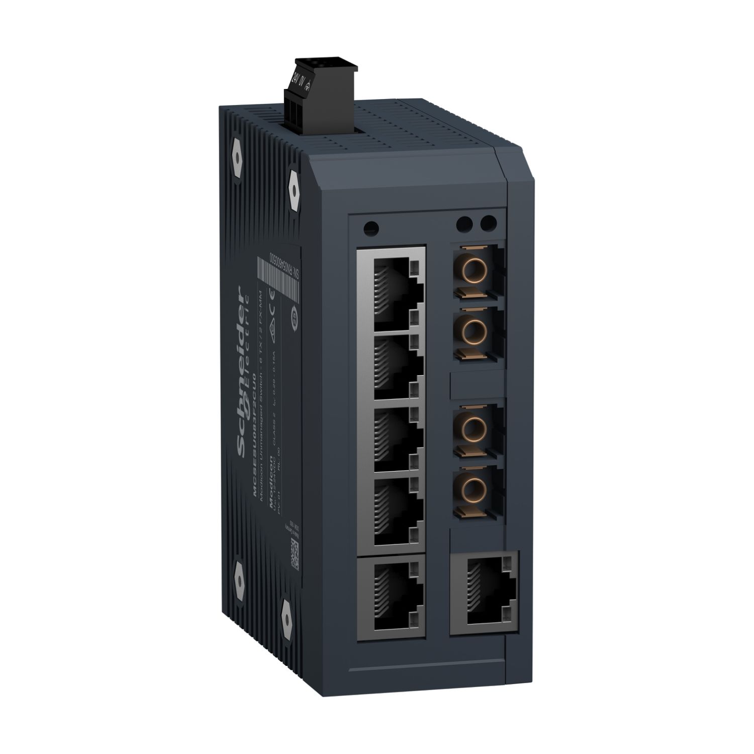 Picture of network switch, Modicon Networking, standard unmanaged, 6 ports for copper with 2 ports for multimode fiber optic