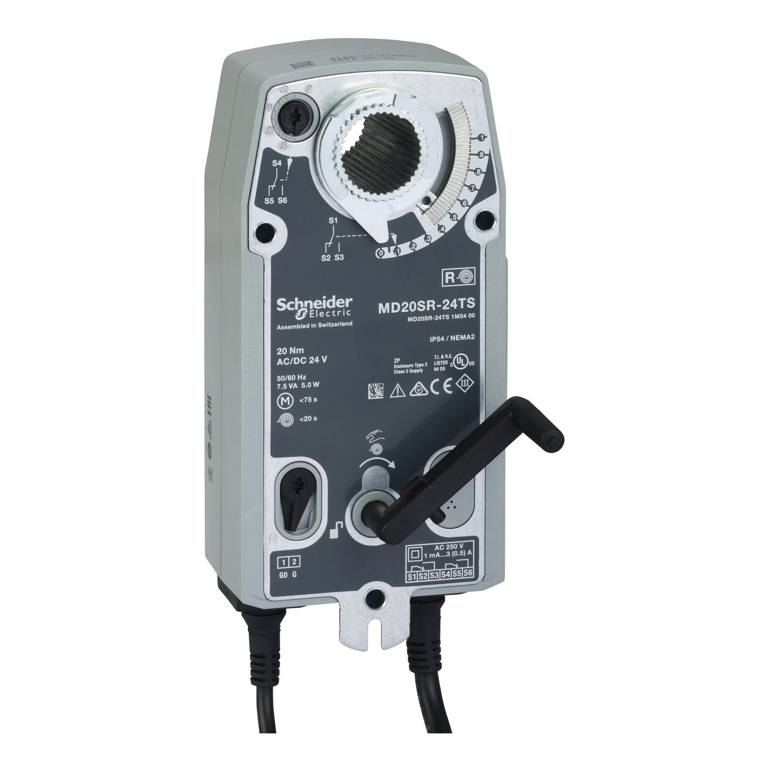 Picture of MD20-SR Damper Actuator, 2-Position or 3-Wire Floating, Spring Return, 110-240Vac / 24-125Vdc, 1m Cable, 20Nm, S2 Switch, IP54