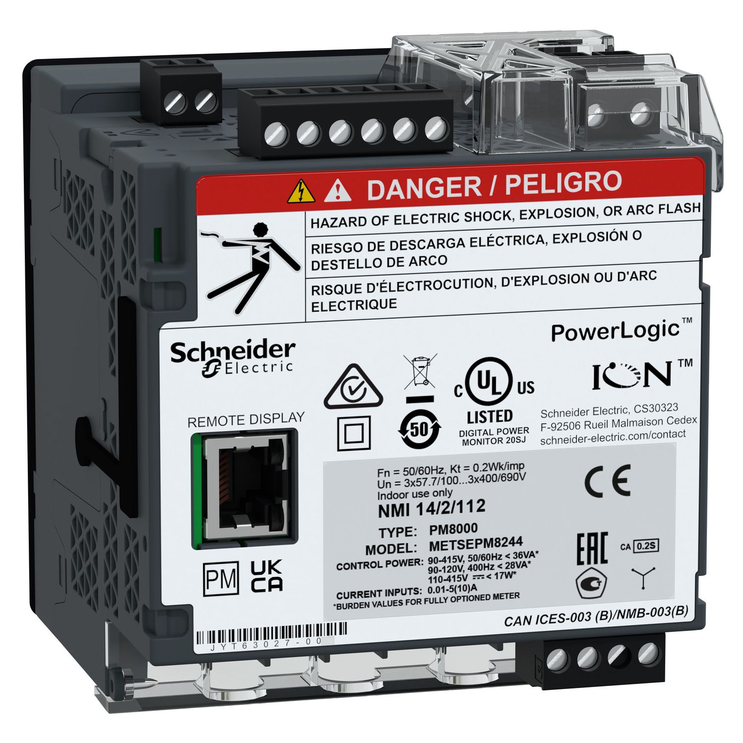 Picture of Power quality meter, PowerLogic PM8000, Standard, transducer and remote display, 512 MB, 256 s/c