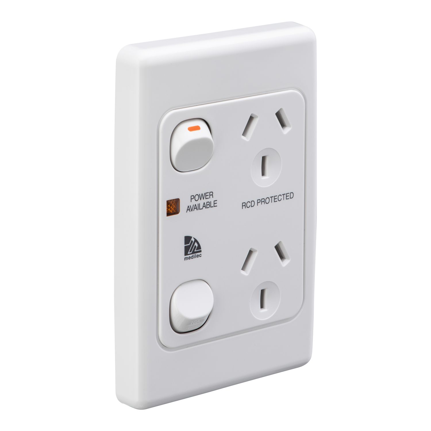 Picture of Twin Switch Socket Outlet, Medilec, 250V, 10A, 2 Gang, 1 Pole, Vertical