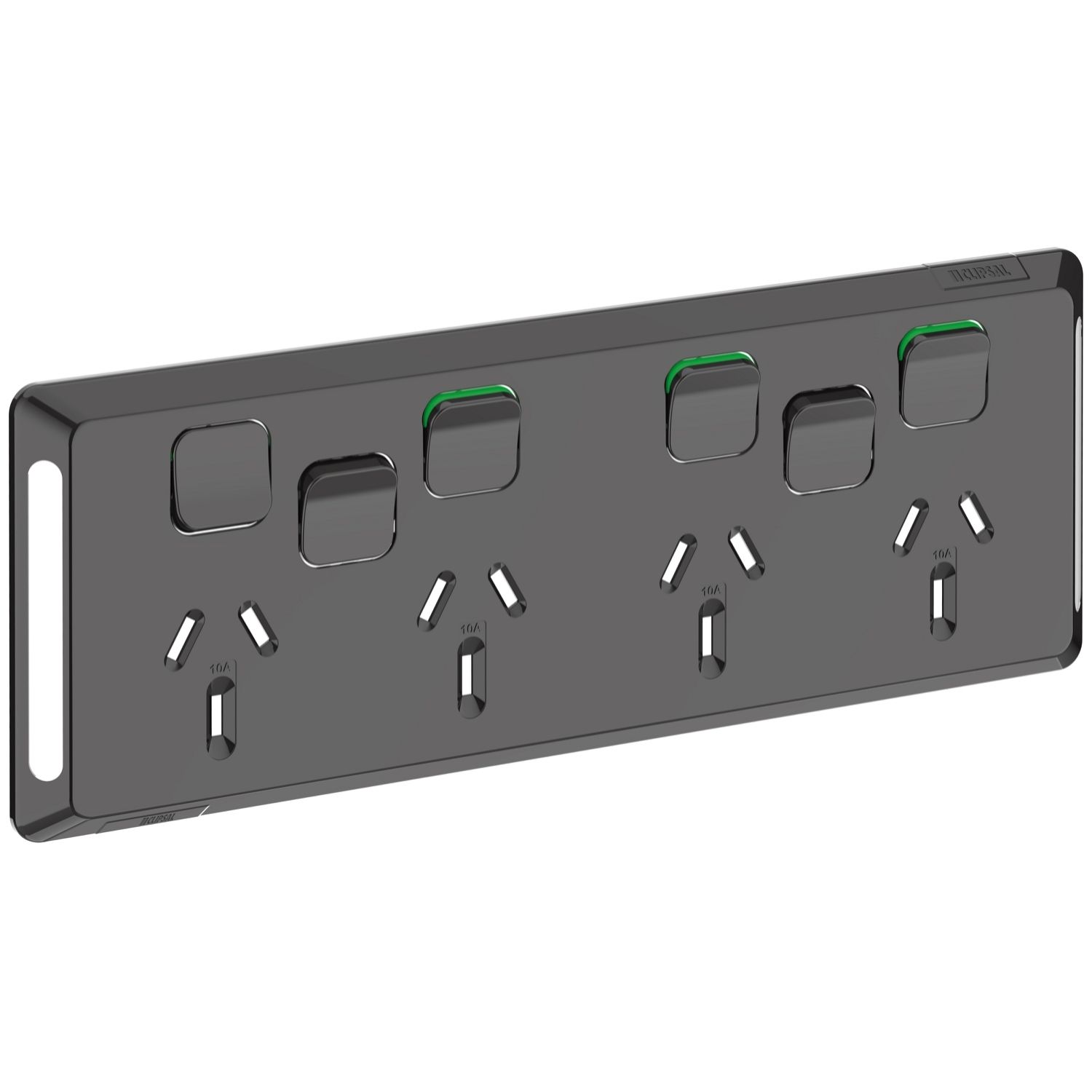 Picture of Quad Power Point Skin with 2 extra switches, Pro Series, Horizontal Mount, 250V, 10A, Clip-On