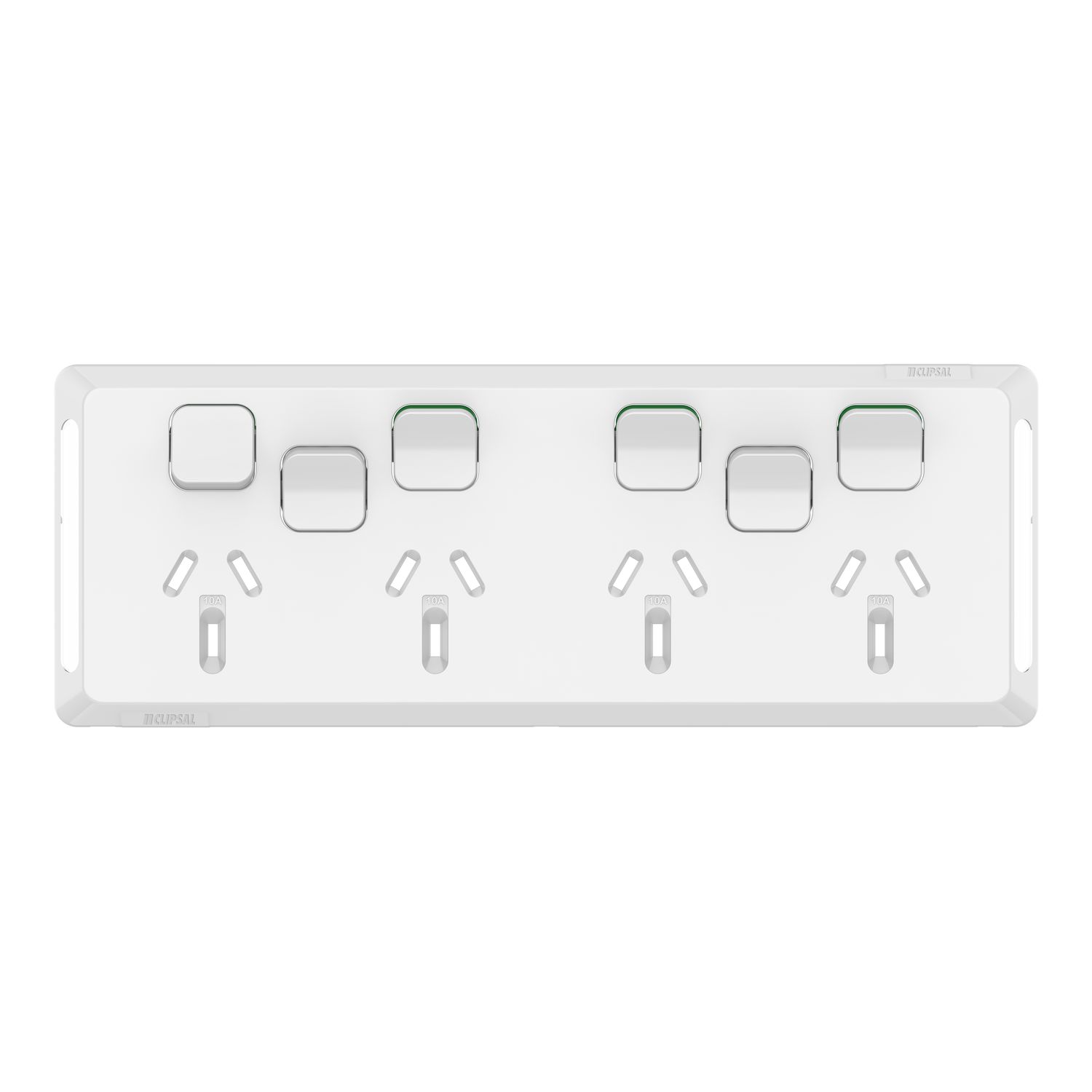 Picture of Quad Power Point Skin with 2 extra switches, Pro Series, Horizontal Mount, 250V, 10A, Clip-On