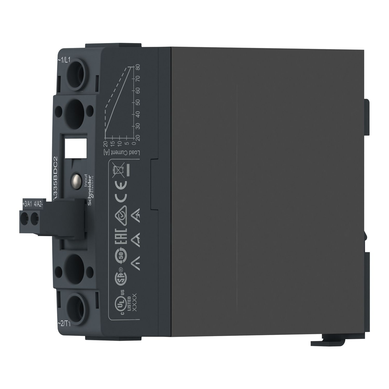 Picture of DIN rail mount relay,  Harmony Solid State Relays, 20A, zeroVoltage switching, contactor configuration, input 4...32V DC, output 48...600V AC