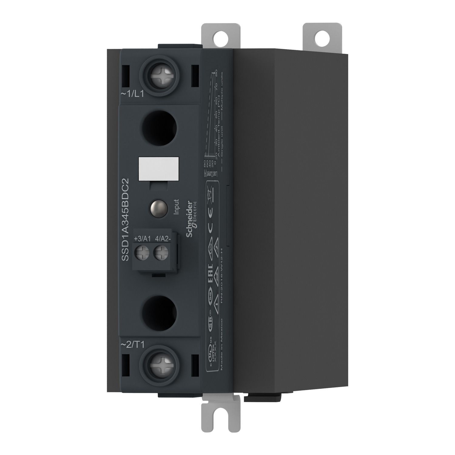 Picture of DIN rail mount, Harmony Solid State Relays, 45A, zeroVoltage switching, contactor configuration screw input, input 4 to 32V DC, output 48 to 600V AC