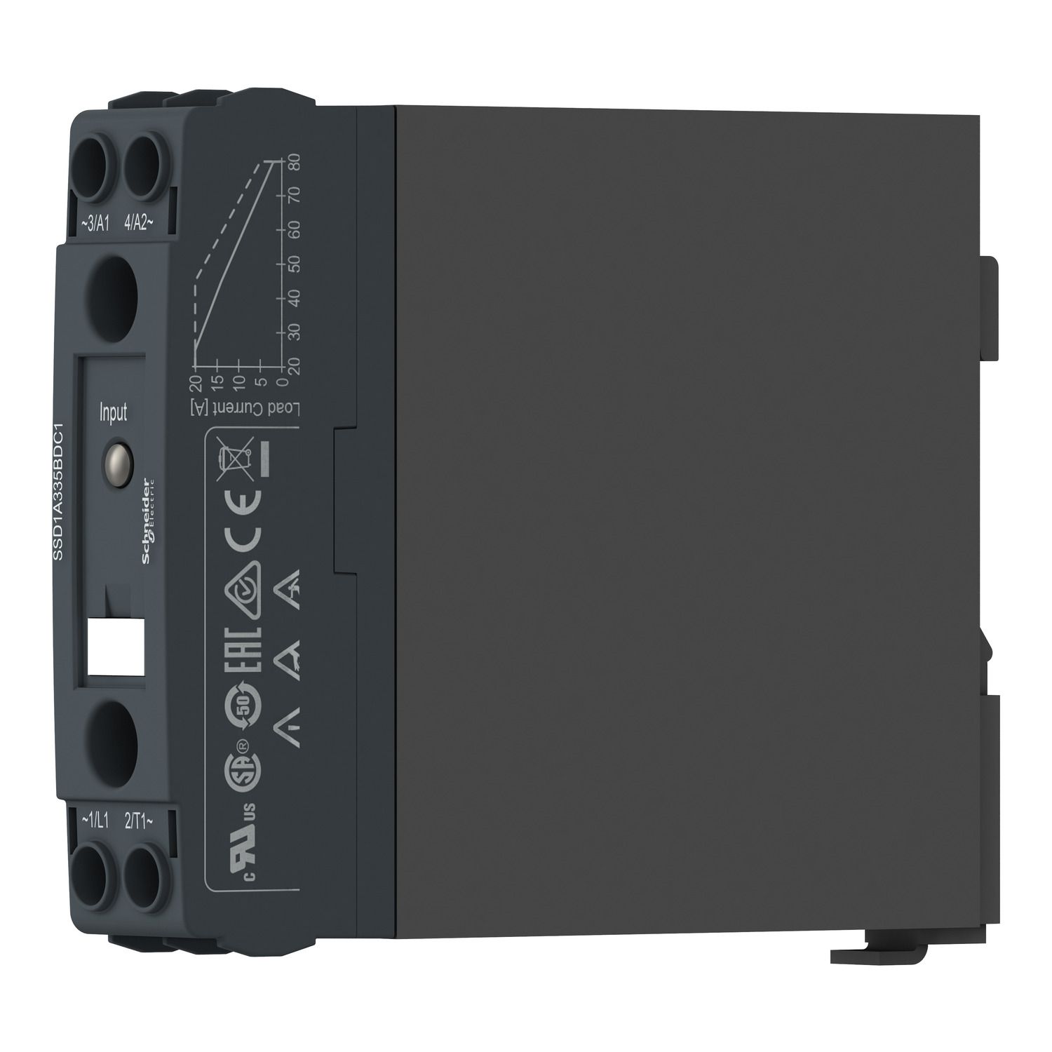 Picture of DIN rail mount relay,  Harmony Solid State Relays, 30A, DC switching, input 4 to 32V DC, output 1 to 150V DC