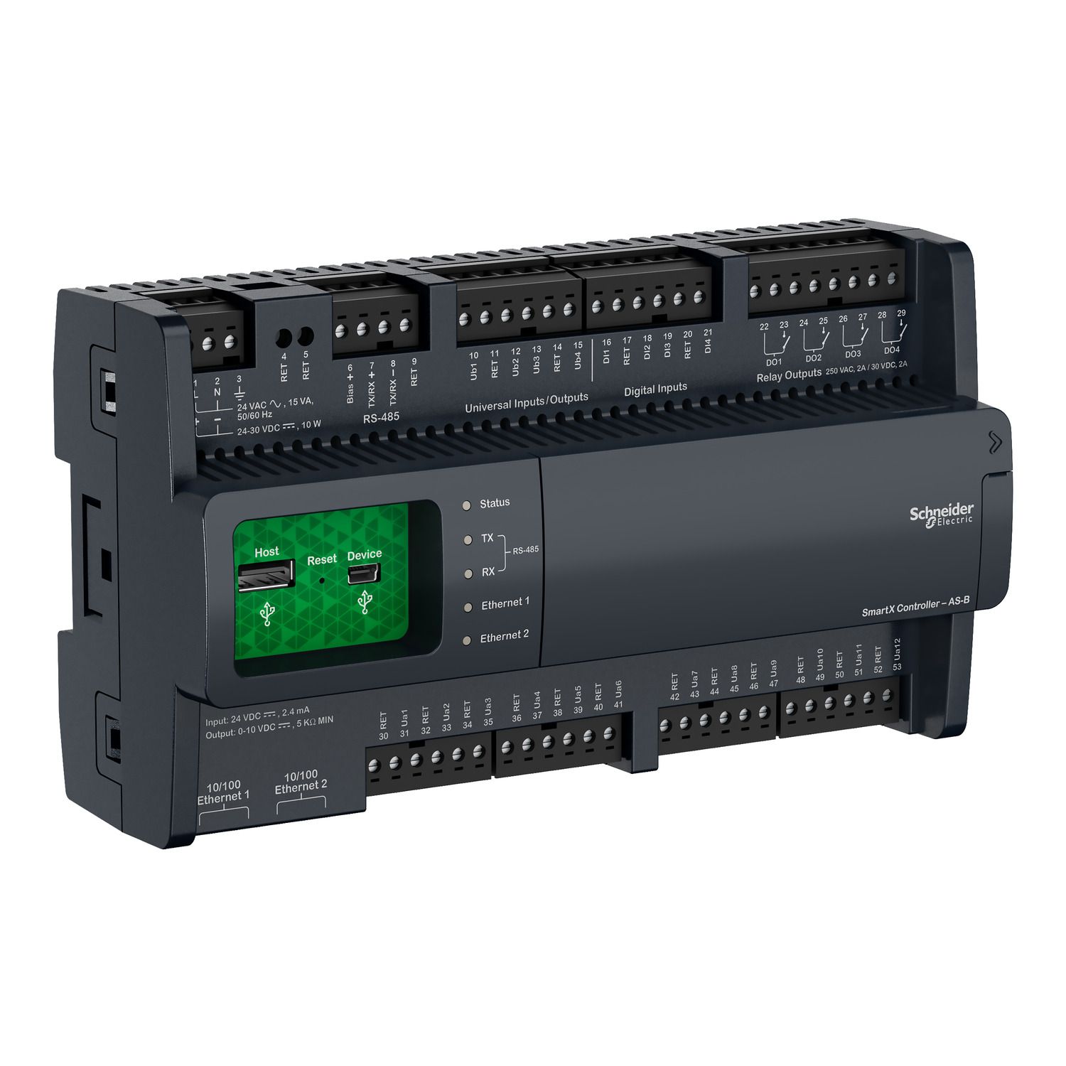 Picture of SpaceLogic automation server, AS-B-24H, 24 I/O points, BACnet, MS/TP, modbus, manual override, display, scalable