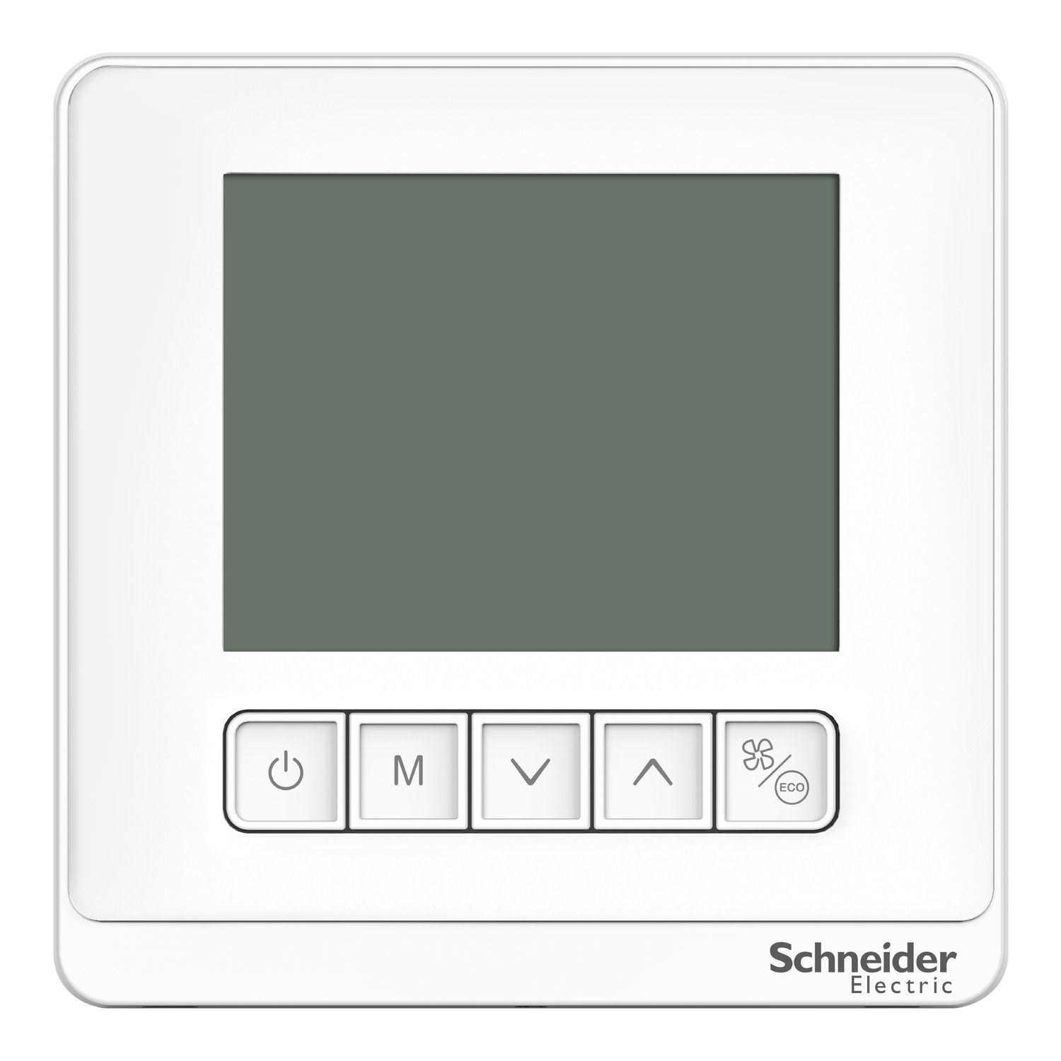 Picture of Thermostat, Spacelogic, fan coil proportional, networking, LCD 5 Button, 4P, 3 fan, modbus, external sensor, 24V, white