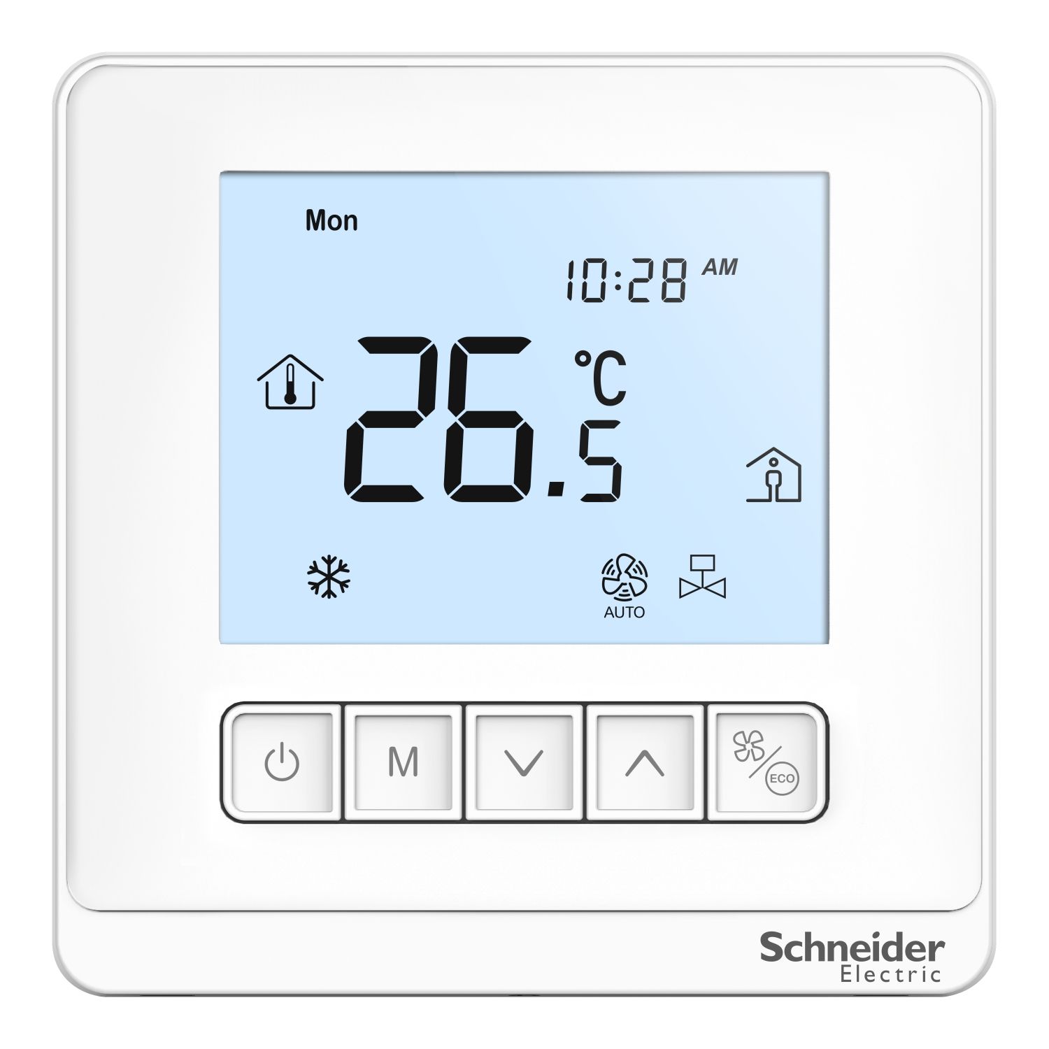 Picture of Thermostat, Spacelogic, fan coil on/off, networking, LCD 5 Button, 4P, ECM fan 0-10V, modbus, external sensor, 240V, white