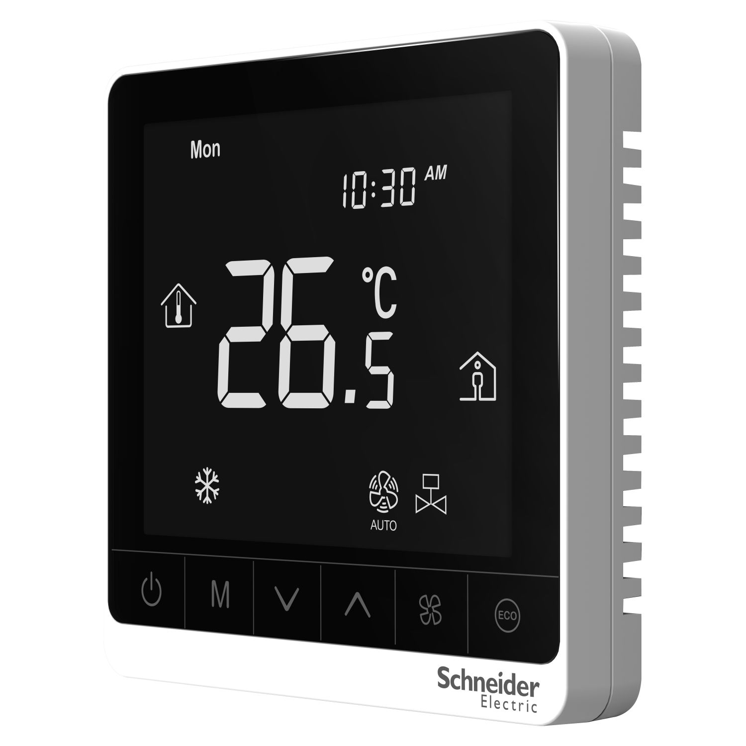 Picture of SpaceLogic thermostat, fan coil proportional, networking, touchscreen, 4P, 3 fan, modbus, external sensor, 240V, white