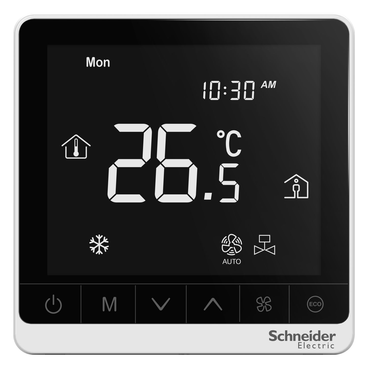 Picture of SpaceLogic thermostat, fan coil proportional, networking, touchscreen, 4P, 3 fan, modbus, external sensor, 24V, white