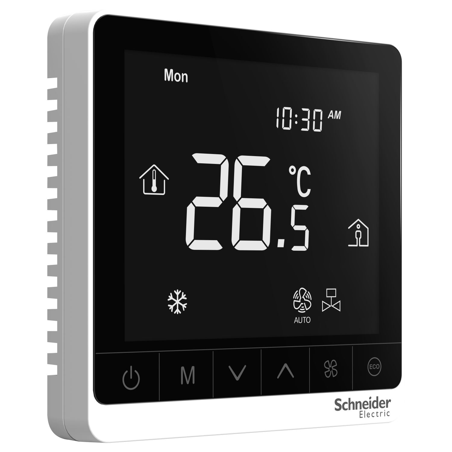 Picture of SpaceLogic thermostat, fan coil on/off, standalone, touchscreen, 4P, 3 fan, 240V, white