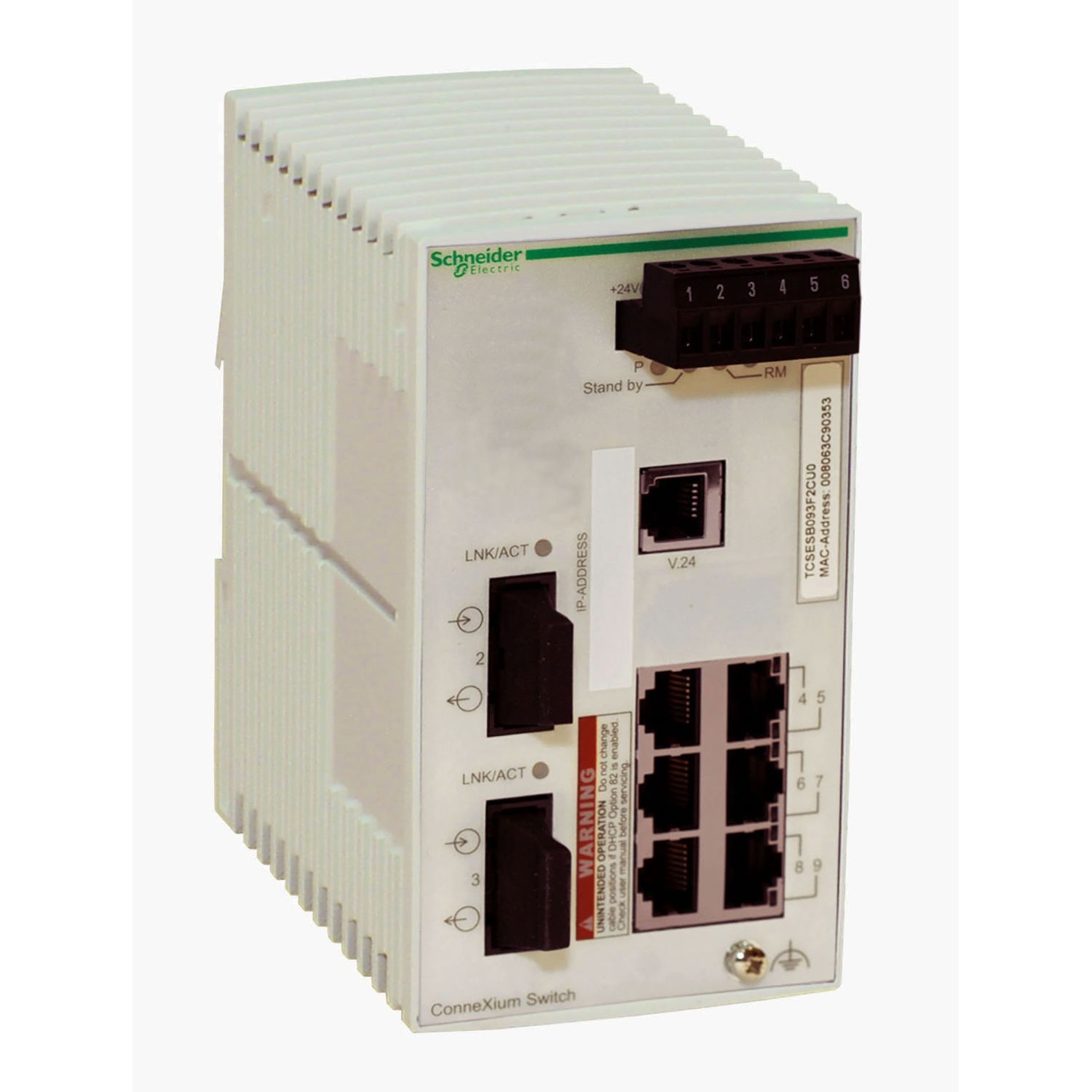 Picture of network switch, Modicon Networking, basic managed, 6 ports for copper, 2 ports for fiber optic, multimode