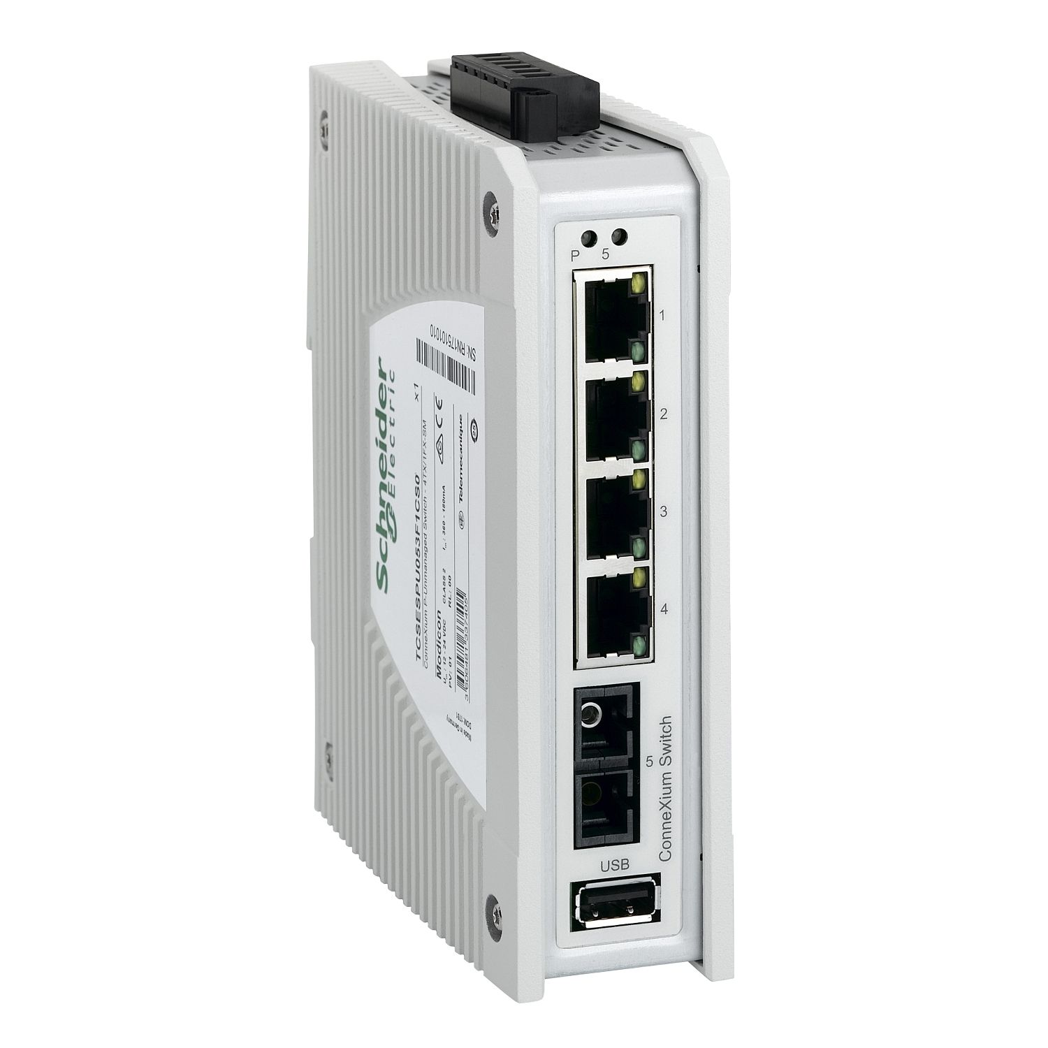 Picture of switch, Modicon Networking, premium unmanaged switch, 4 ports for copper, 1 port for fiber optic single-mode