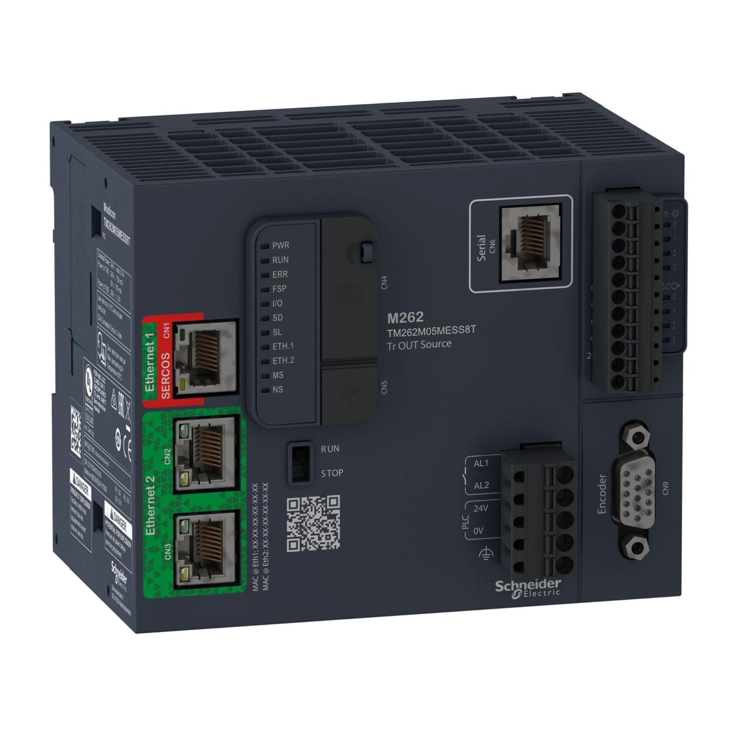 Picture of motion controller, Modicon M262, 5ns per instruction, 4 axes, optimized Ethernet, Sercos, machine to plant