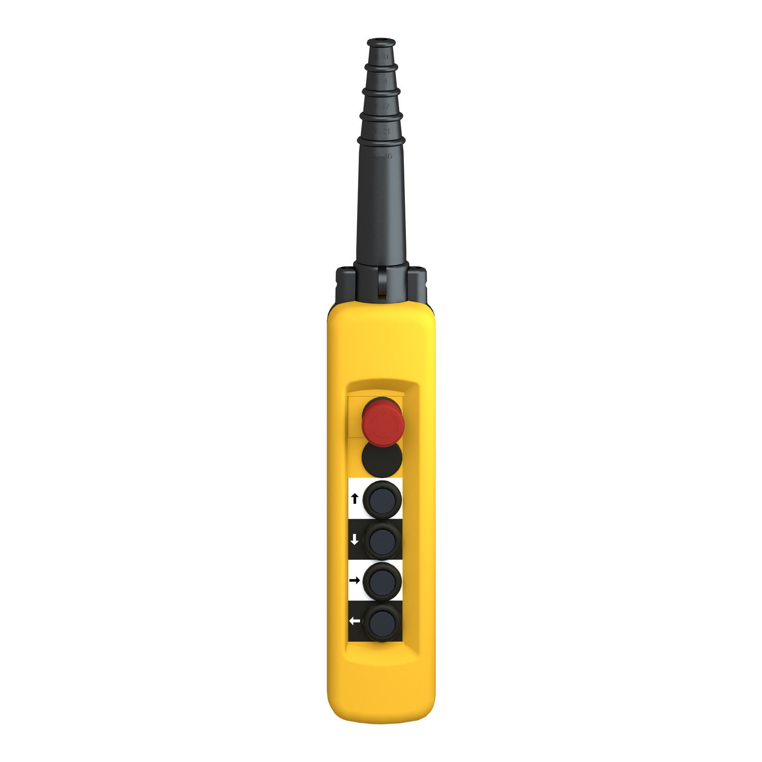 Picture of Pendant control station, Harmony XAC, plastic, yellow, 4 push buttons with 1NO, 1 emergency stop NC