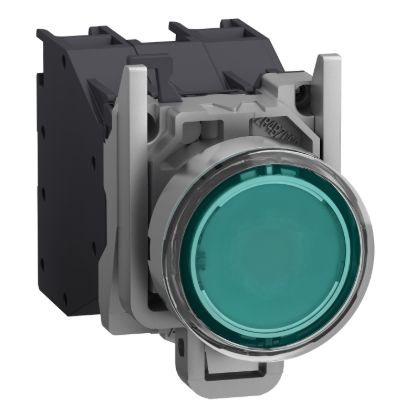 Picture of Complete illuminated push button, Harmony XB4 - ATEX D, metal, green flush, 22mm, spring return, booted, 1NO, 24...254V AC/DC