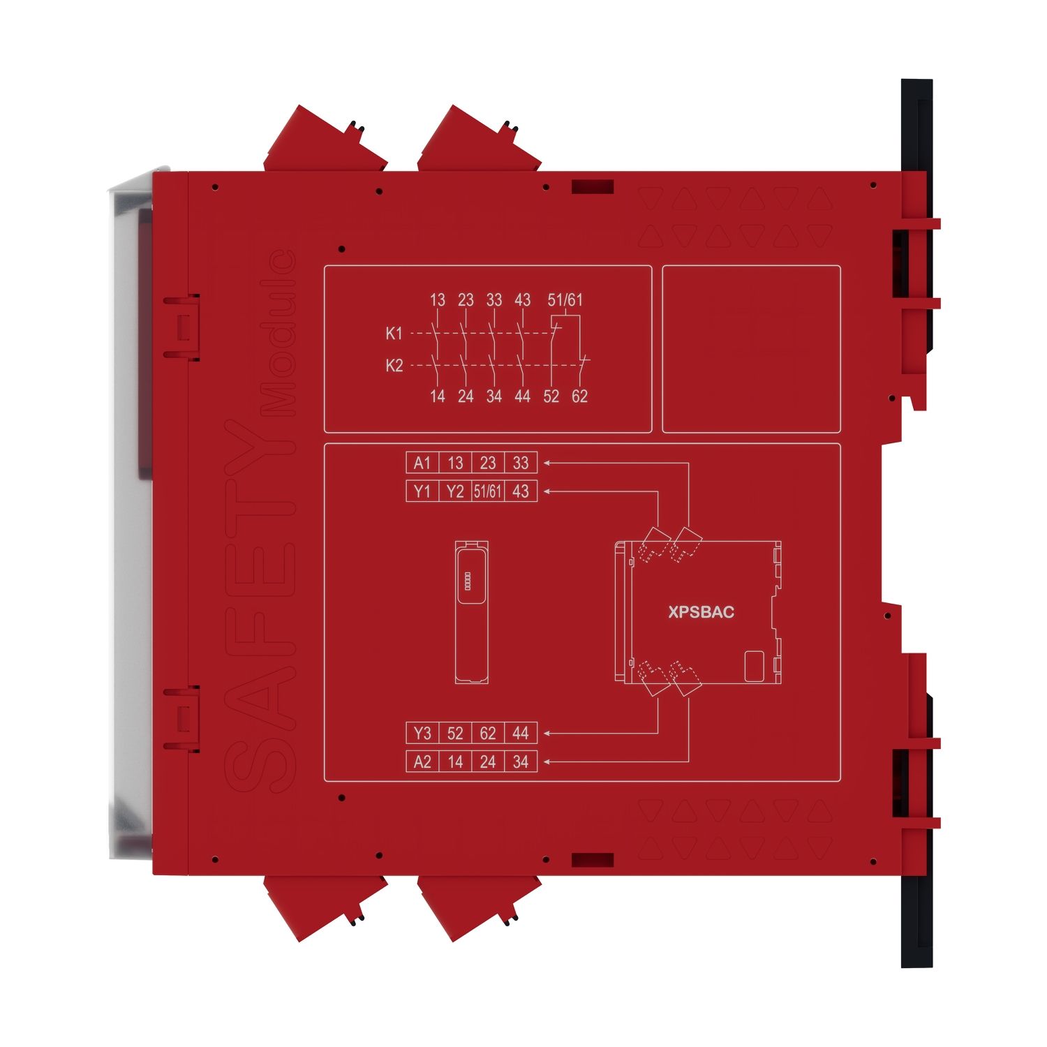 Picture of safety module, Harmony XPS, estop or guard, connected to supply terminals 48 to 240V AC or DC , no inputs, spring