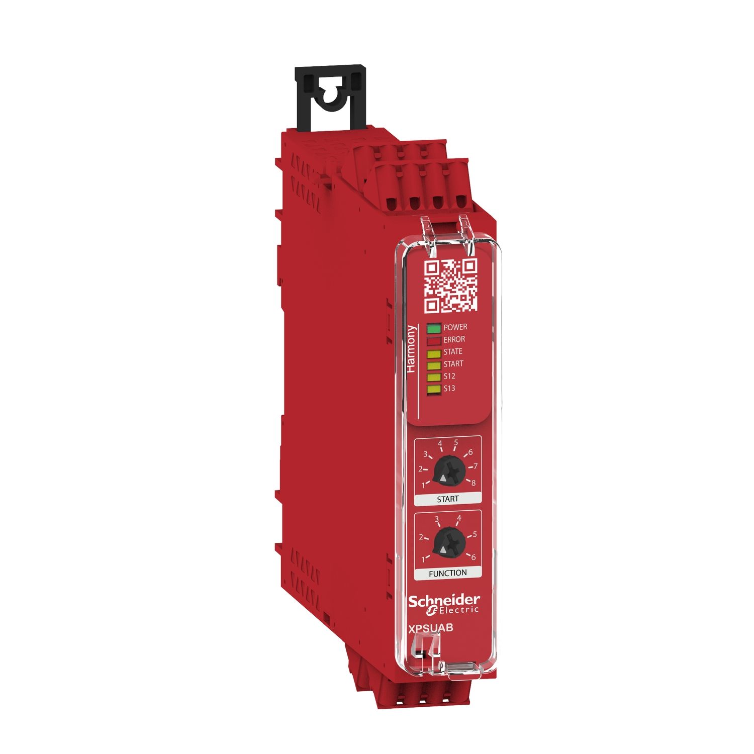Picture of safety module, Harmony XPSU, potential free 2 NC, NO NC, 2 PNP, 24V AC or DC, spring
