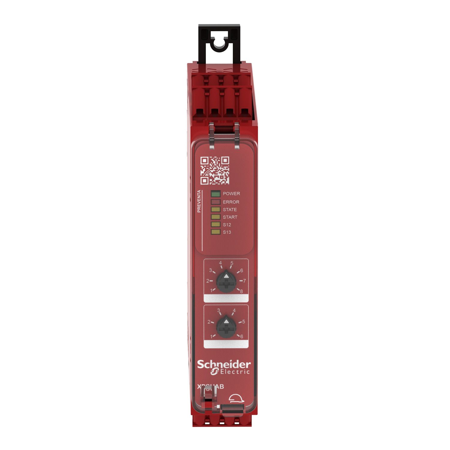 Picture of safety module, Harmony XPSU, potential free 2 NC, NO NC, 2 PNP, 24V AC or DC, spring