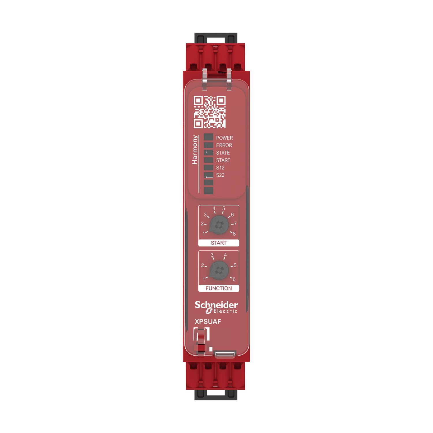 Picture of safety module, Harmony XPSU, Cat 4, potential free 2 NC, NO NC, 2 PNP, 24V AC or DC, spring