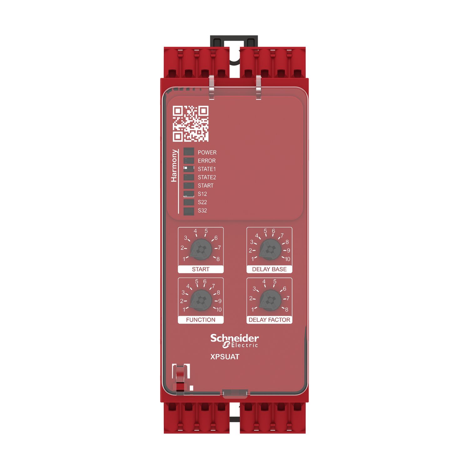 Picture of safety module, Harmony XPSU, Cat4, features XPSUAK with delayed outputs, 48 to 240V AC or DC, spring
