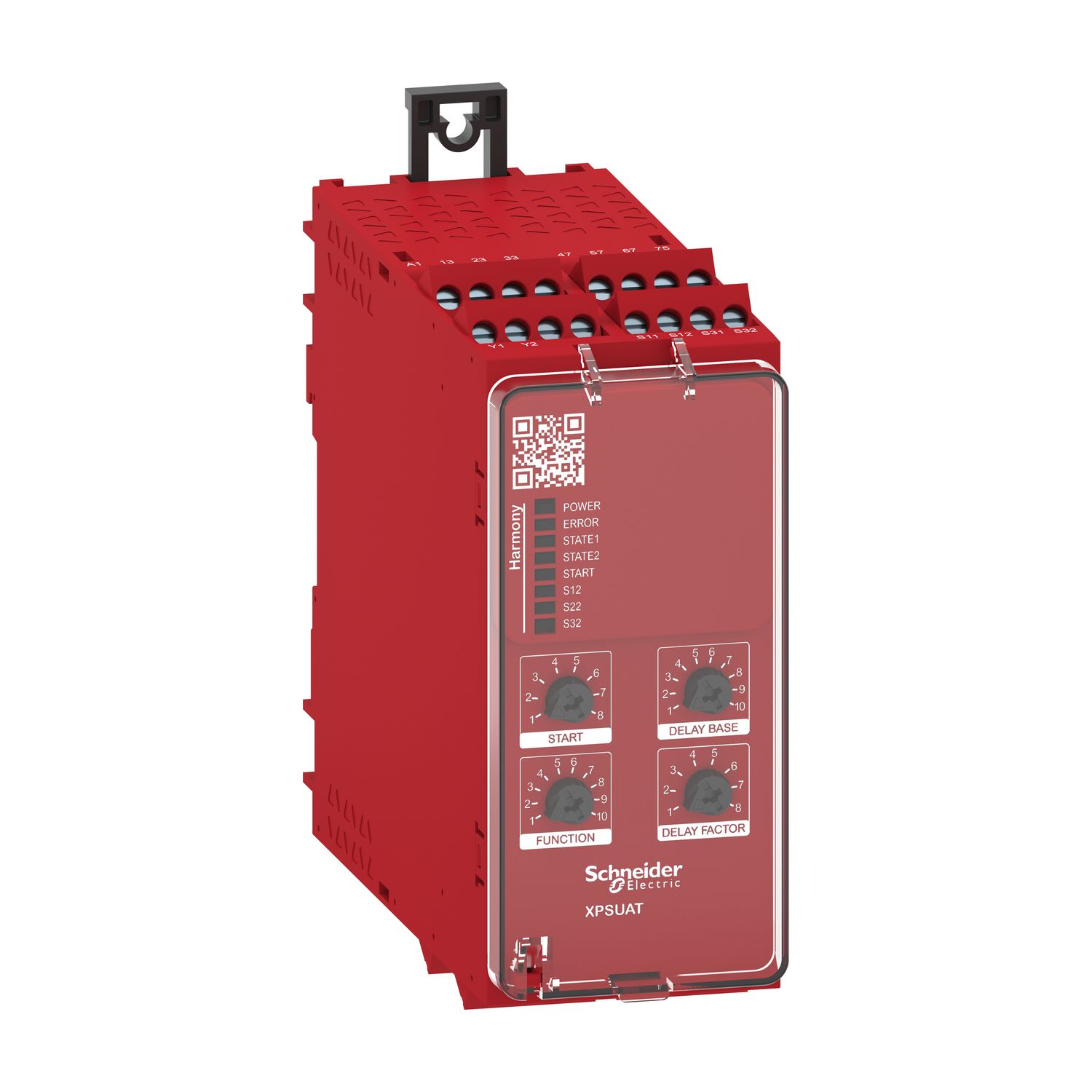 Picture of safety module, Harmony XPSU, Cat4, features XPSUAK with delayed outputs, 48 to 240V AC or DC, screw