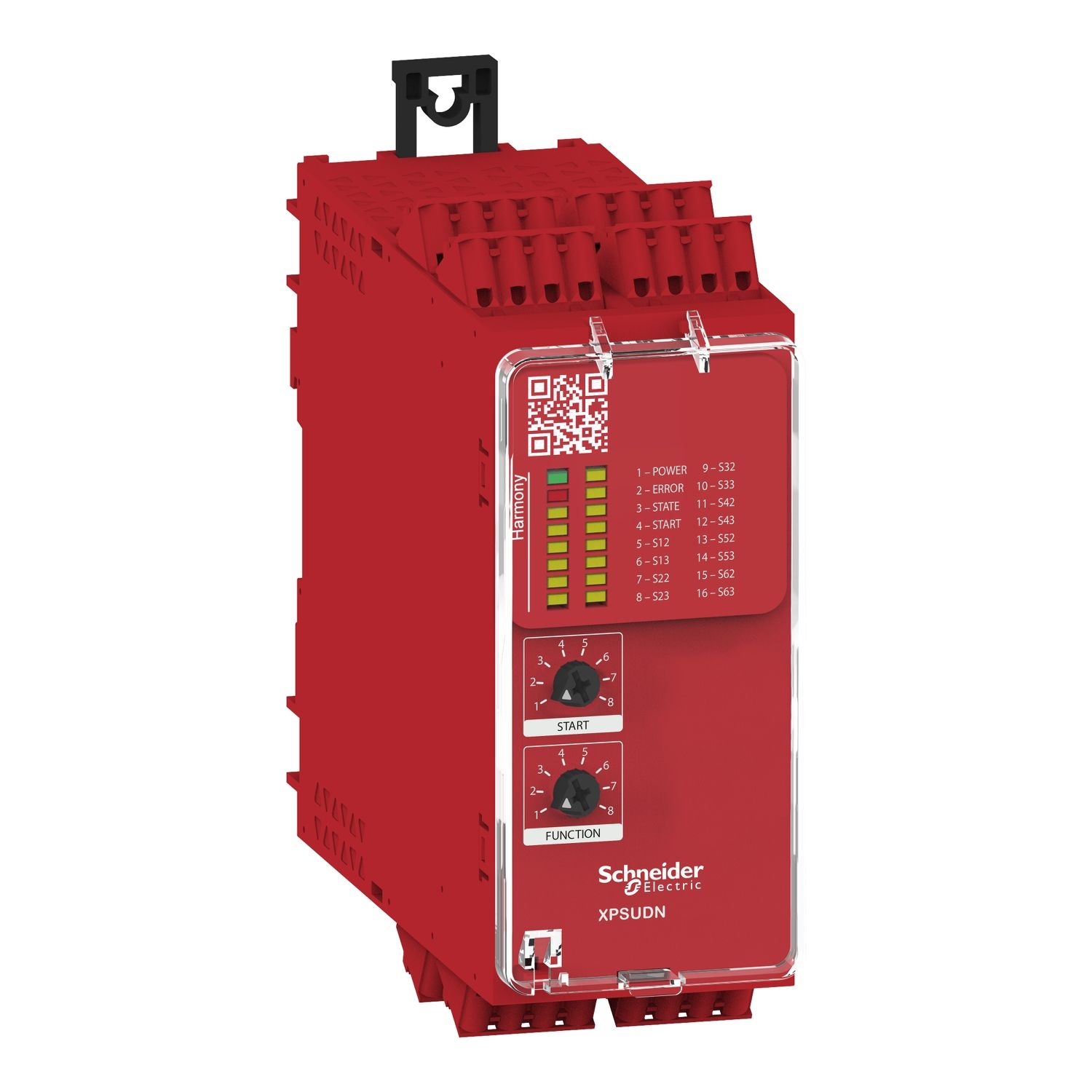 Picture of safety module, Harmony XPSU, Cat 4, features 6 x XPSUAF, 24V AC or DC, spring