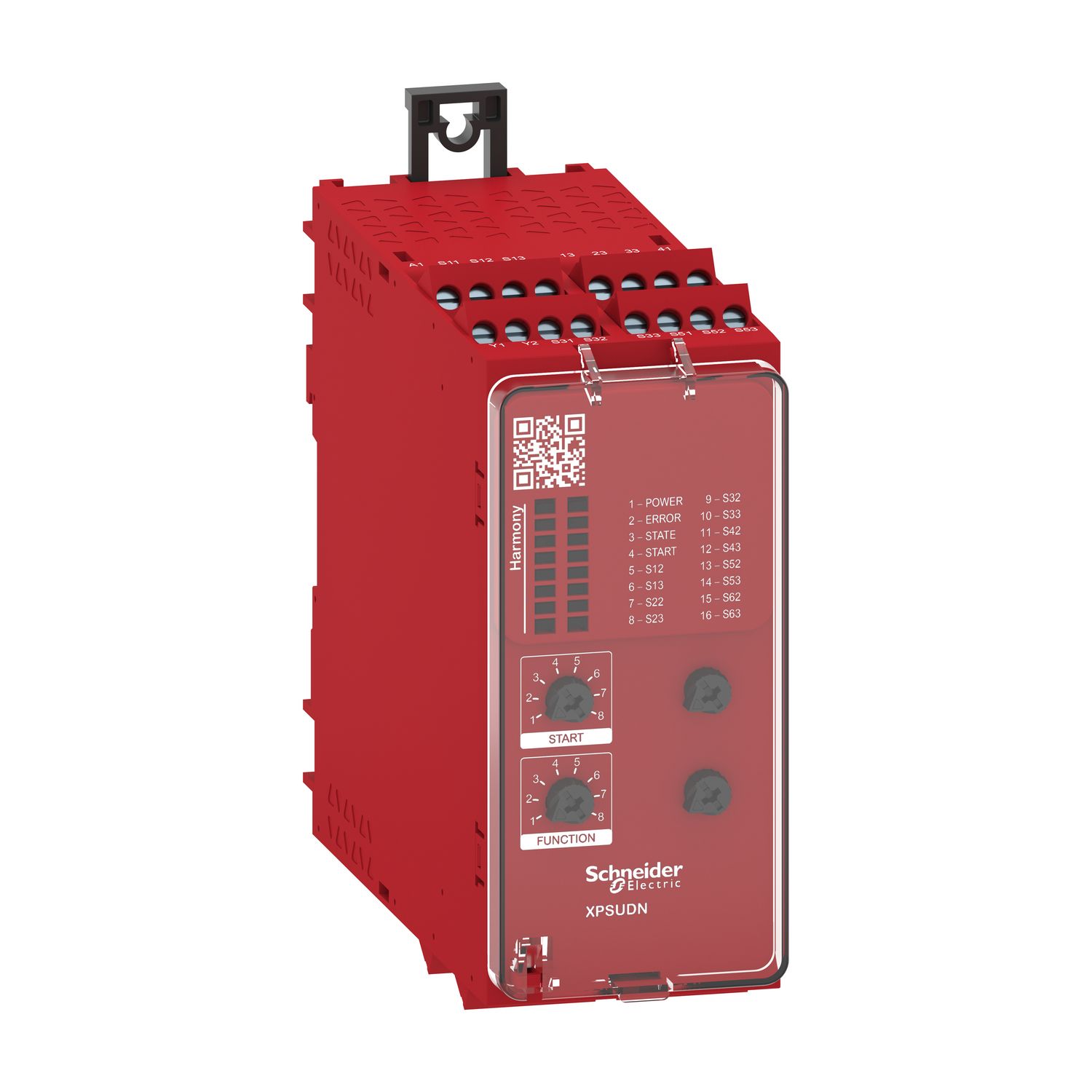 Picture of safety module, Harmony XPSU, Cat 4, features 6 x XPSUAF, 24V AC or DC, screw