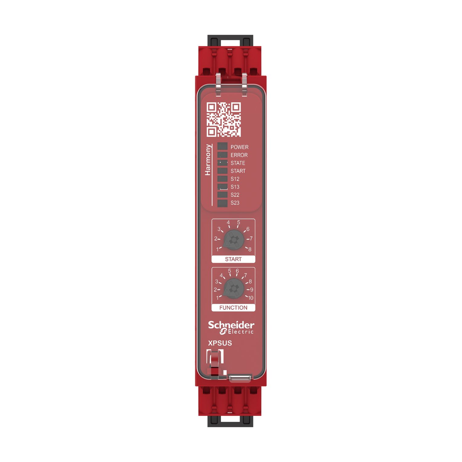 Picture of safety module, Harmony XPSU, Cat 4, features 2 x XPSUAF with enabling movement, 24V AC or DC, spring